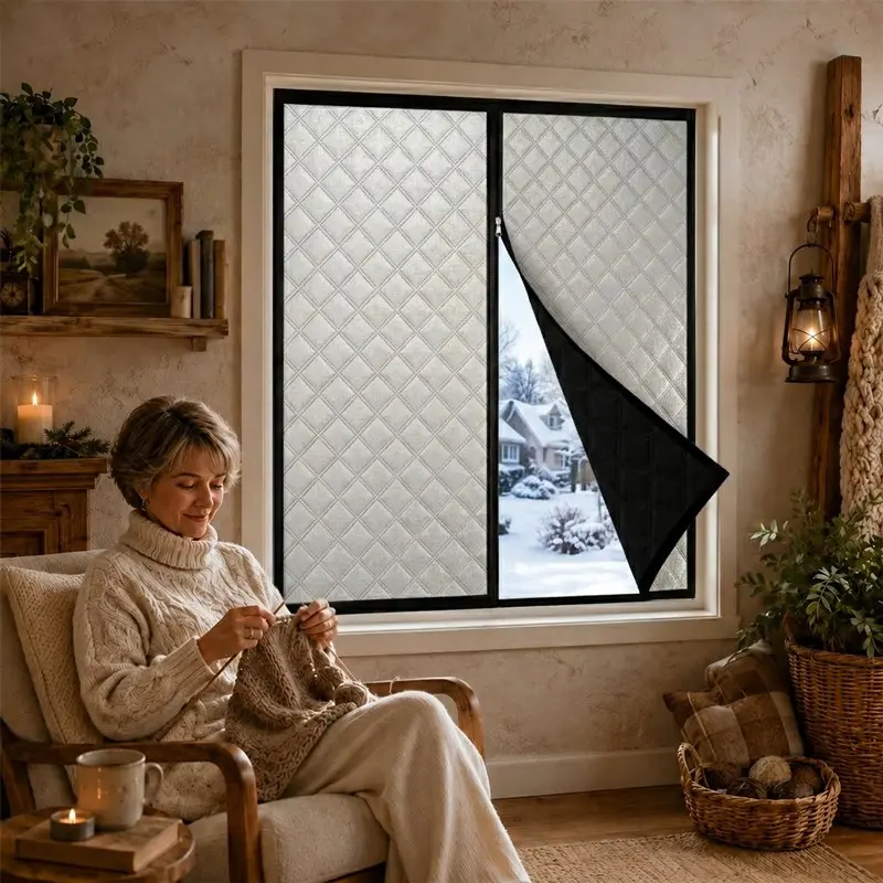 Insulated Window Curtain with Zipper, Quilted Thermal Window Cover for Reducing Cold Drafts and Light, Self-Adhesive Hook-and-Loop No-Drill Installation for Bedroom and Living Room