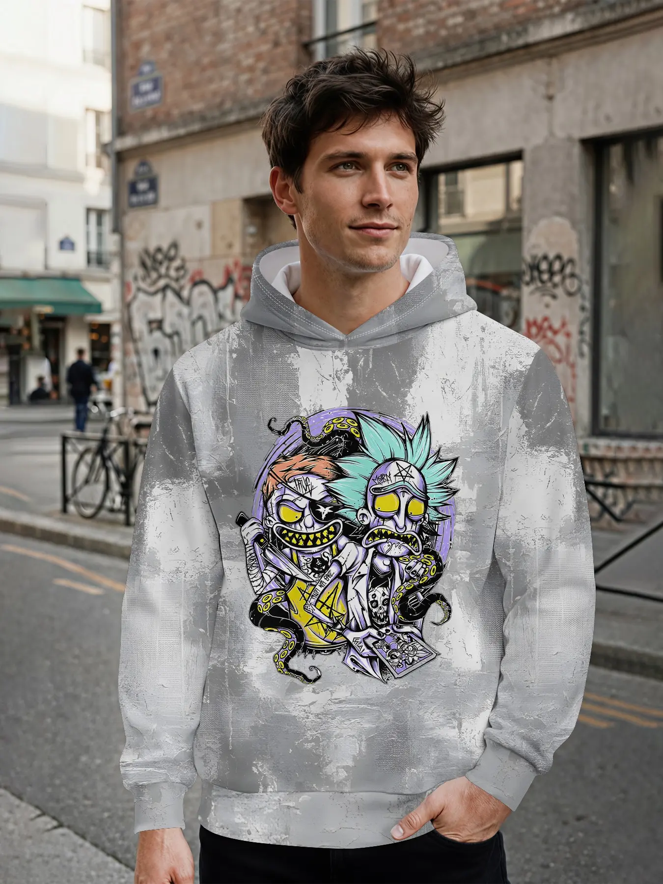 Men's Hoodie with 3D Digital Print Featuring Two Odd Figures Surrounded by Octopuses on Vintage Worn Base, All-Over Printed Design, Eye-Catching for Daily Street Looks and Music Festival Outfits, an Ideal Holiday Gift for Men