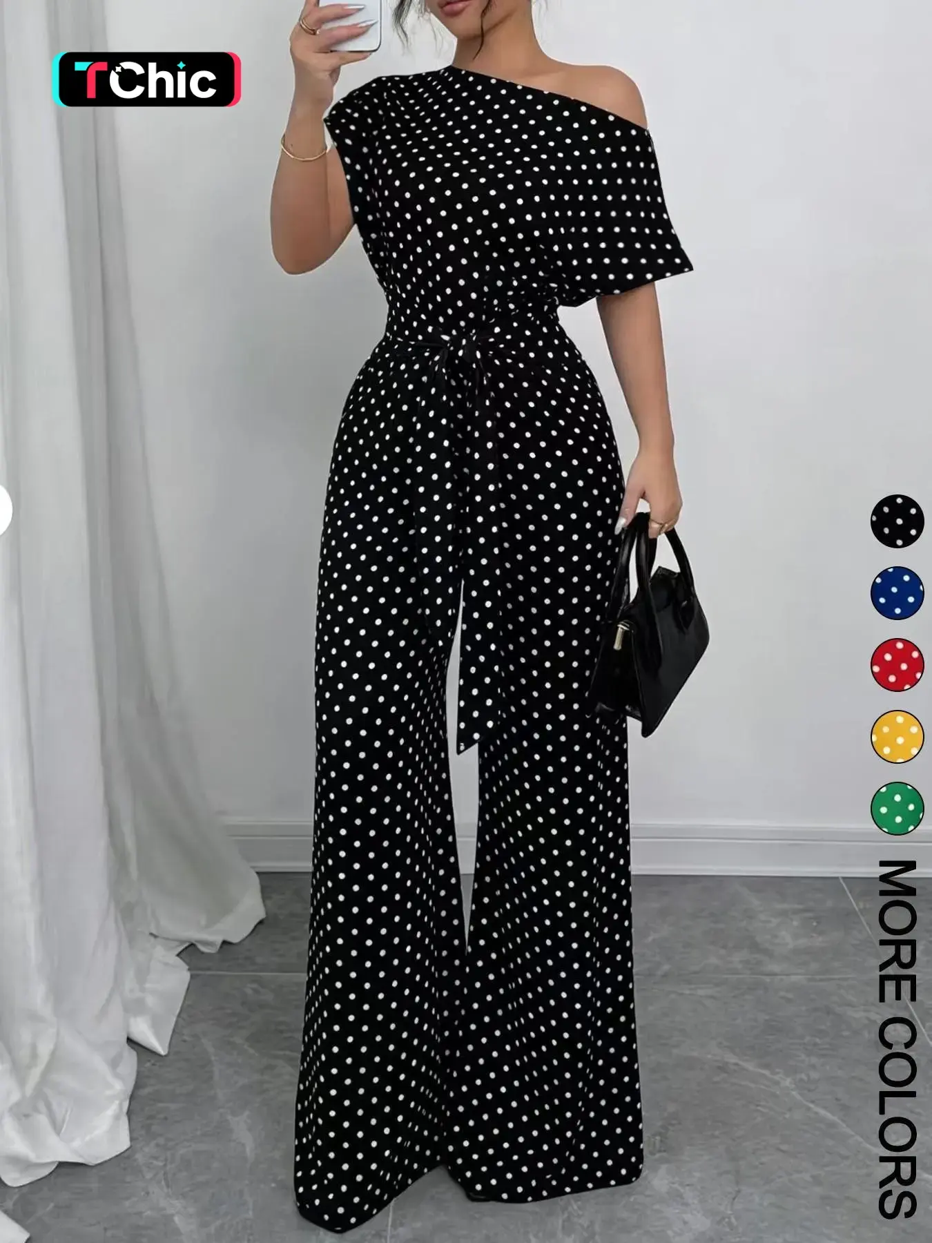 Women's Chic One Piece Jumpsuit, Asymmetrical One‑Shoulder Design, Short Sleeve Cut, Waist Belt Tie for Flattering Silhouette
