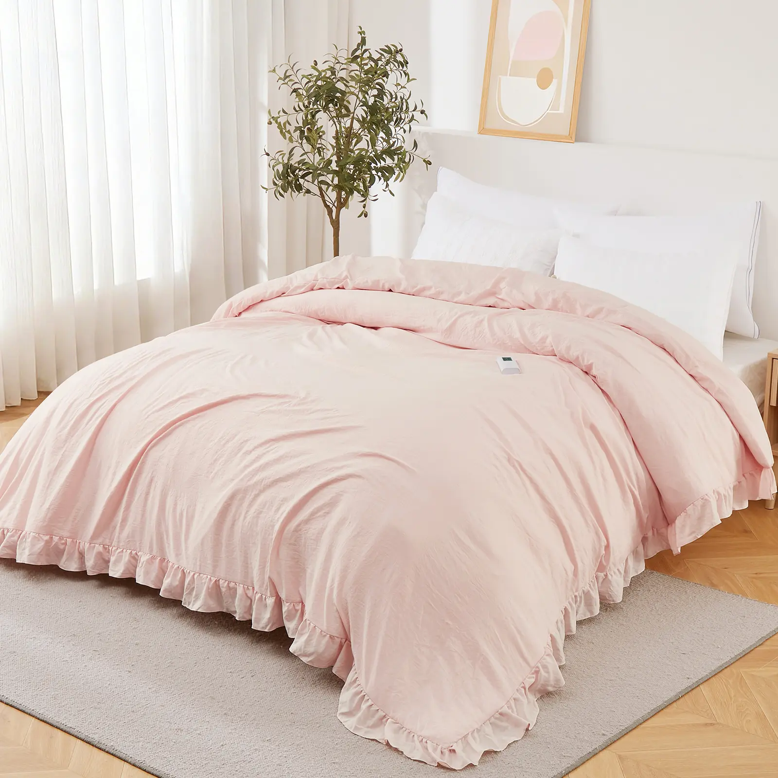 Heated Comforter with Ruffled Duvet Cover,  90"X90"/90"X104" Electric Quilt with Wireless Controller, 10 Heat Levels & Timer, Machine Washable, White/Pink