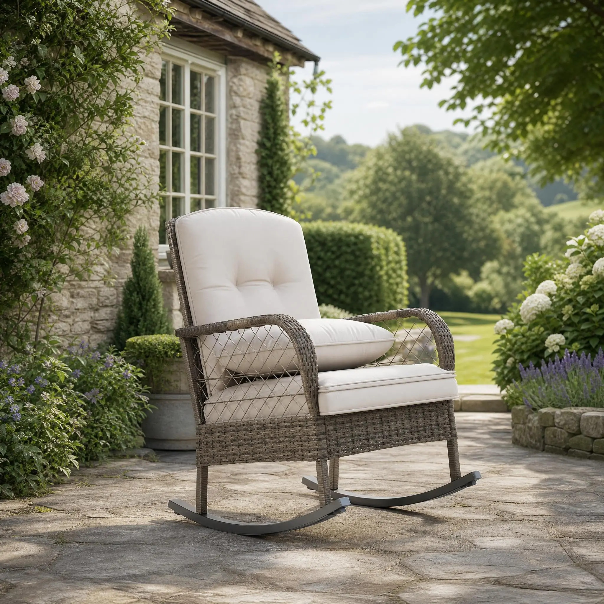 Hand-Woven Rattan Rocking Chair – Ergonomic Outdoor Wicker Armchair – Breathable All-Weather Patio Rocker