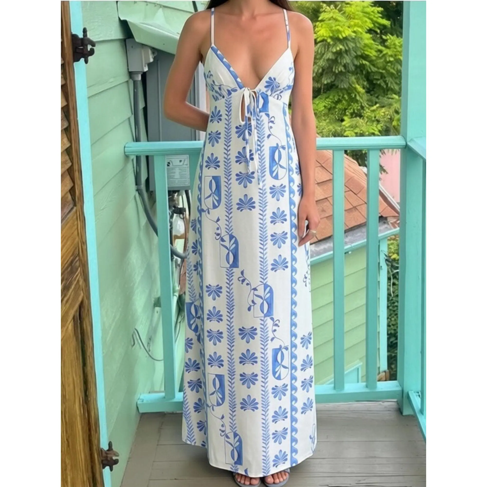 Summer Long Dress y2k Women Spaghetti Strap Sleeveless Tie-up Front Loose Dress Back Cutout Dress