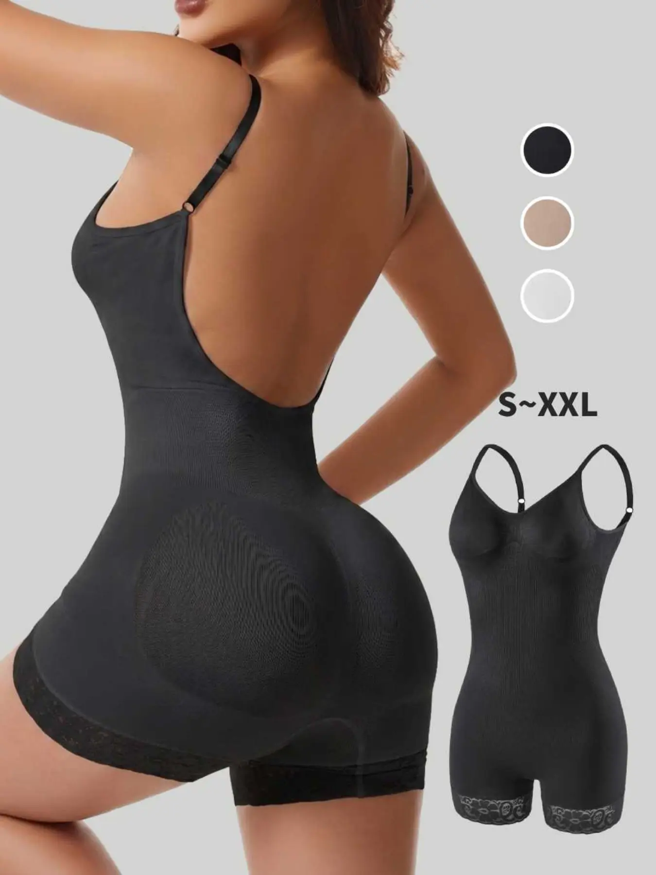 Seamless Low U-Back Shapewear, Waist Cinching Butt Lifting Lace Hem Midi Bodysuit, Women's S-Xxl, Ideal for Dresses, Wedding Gowns