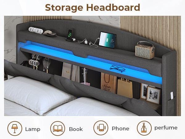 Sikaic Linen LED Floating Bed Frame with Charging Station Dark Grey Headboard And Storage Modern Smart