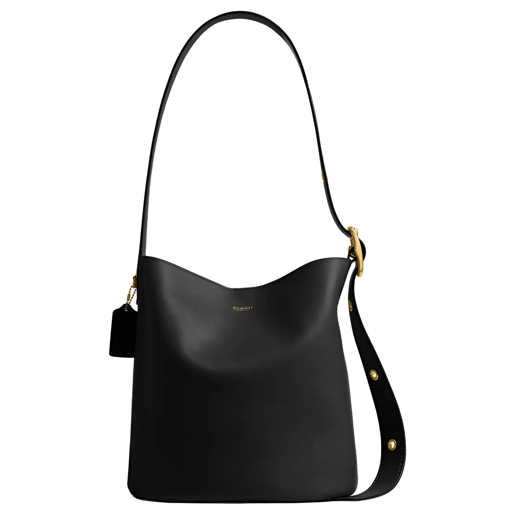 Coach Bleecker 28 Leather Bucket Bag for Women – Metallic Logo Detail, Large, Black