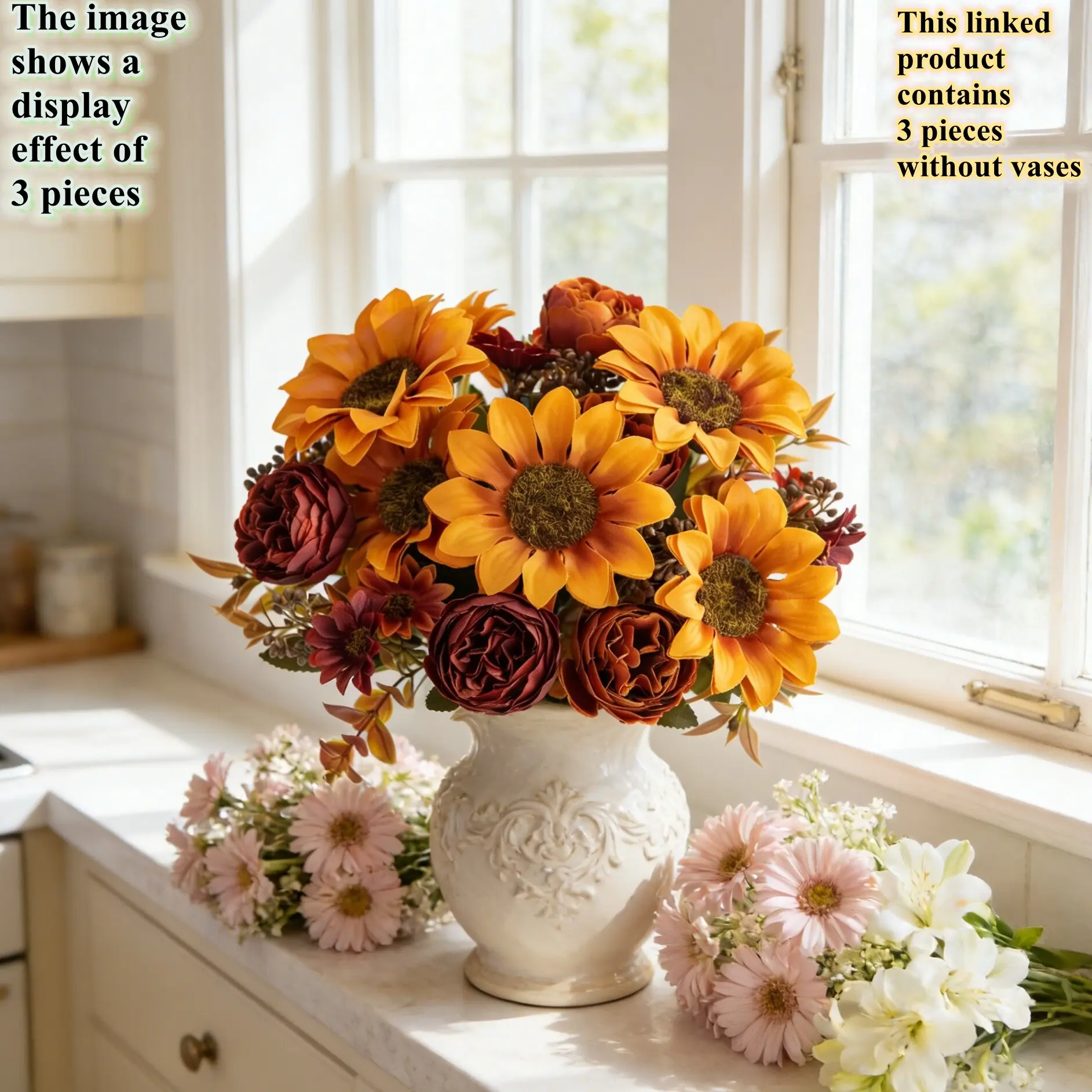 3pcs artificial flower Orange coffee sunflower, Artificial flower arrangements, UV resistant, suitable for party, home decoration, wedding, garden, office, indoor and outdoor use, Outdoor Faux Flowers, suitable for decoration in all seasons