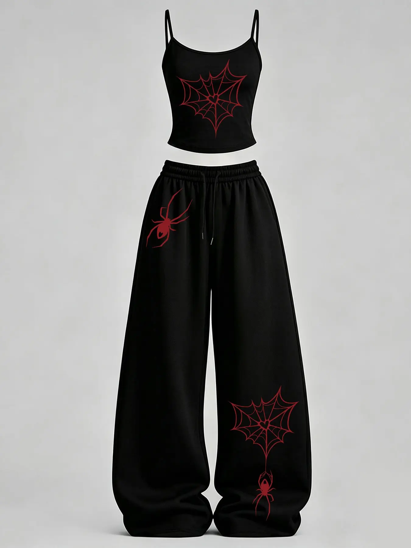 Women's Summer Slim Fit Tank Top + Loose Long Pants Set, Fashion Spider Print, Soft Comfortable, Ideal for Home and Outdoor