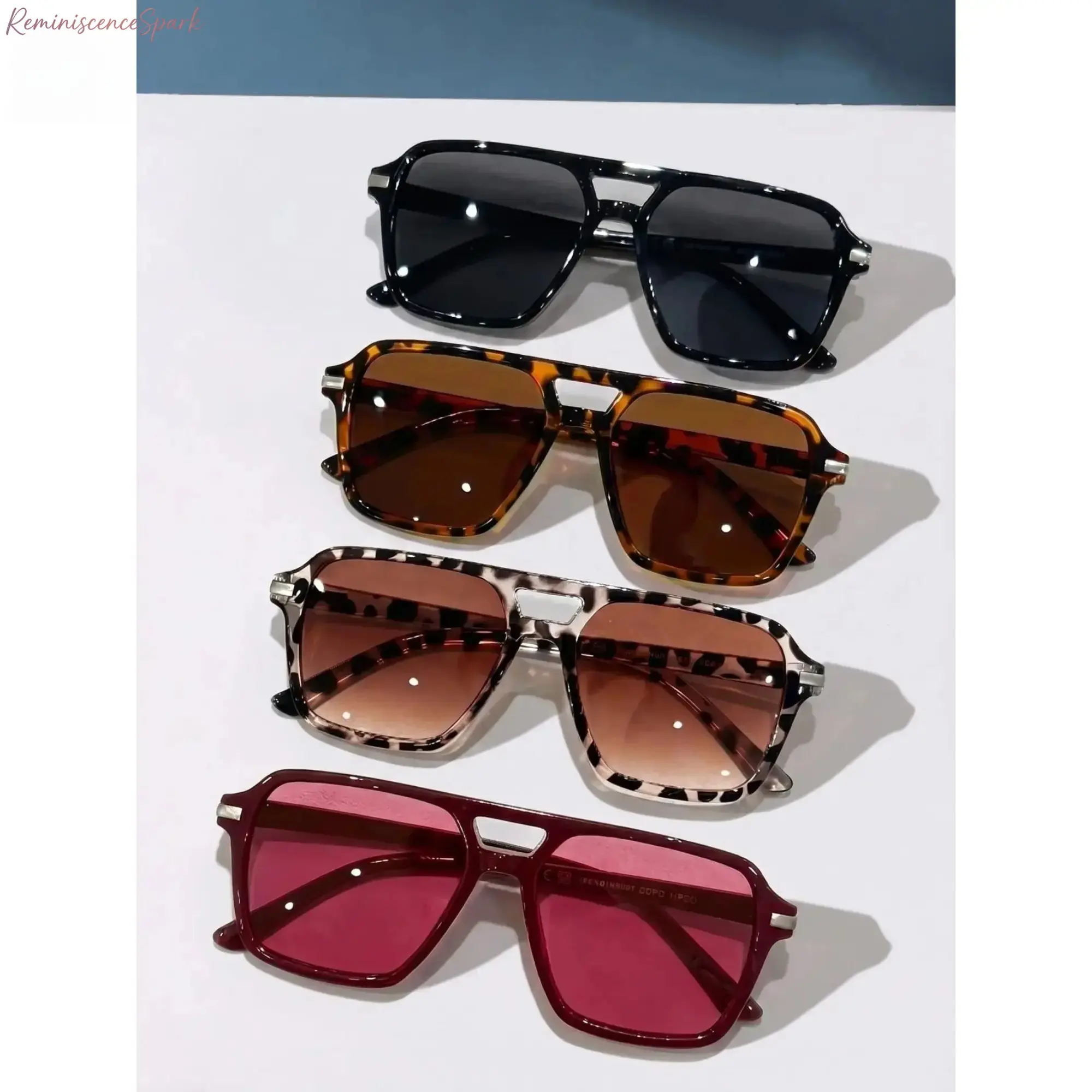 4-Pack Square Pilot Sunglasses For Men Women, Double Bridge Retro Aviator Eyewear, Sturdy PC Frame UV Protective Shades, Unisex Trendy Streetwear Eyeglasses Suitable For Driving, Vacation Photography, Travel Trips And Daily Casual Outfits