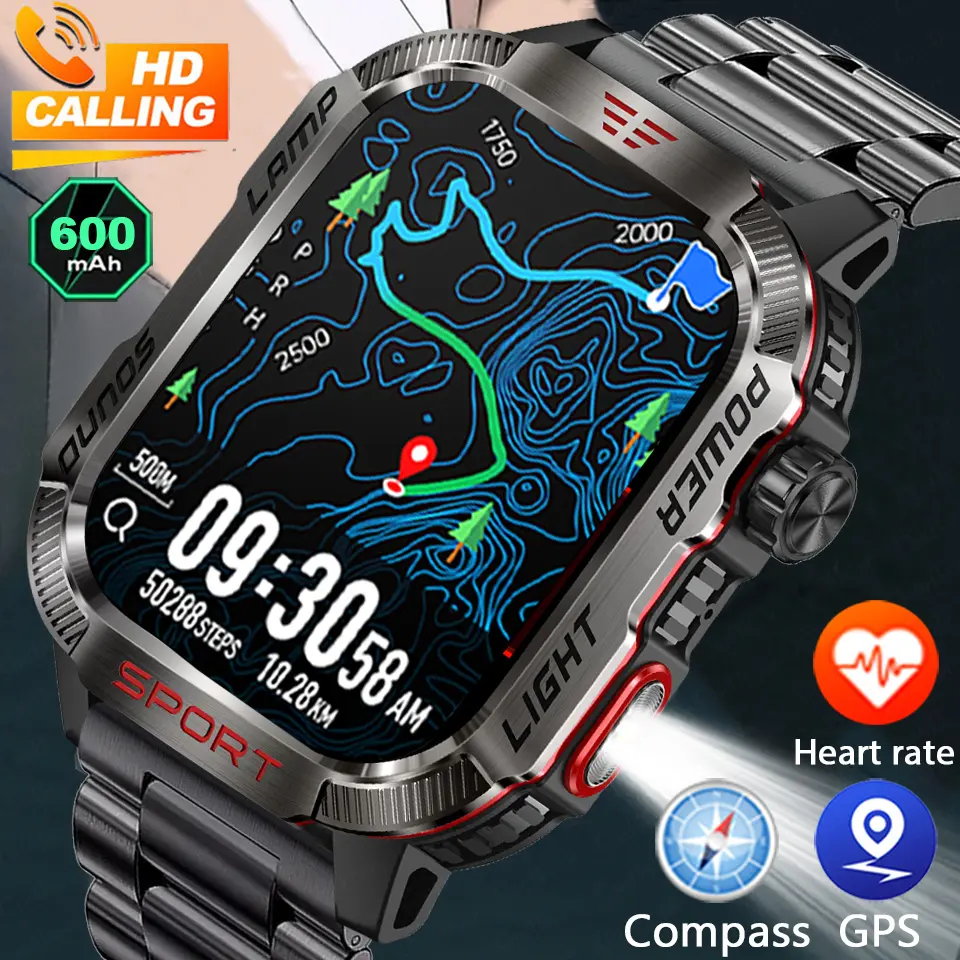 New Military Outdoor Smartwatch for Men, Wearables with 2.01" Screen, 600mAh Battery, GPS Compass, BT Call, Sports LED Flashlight, 5ATM Waterproof