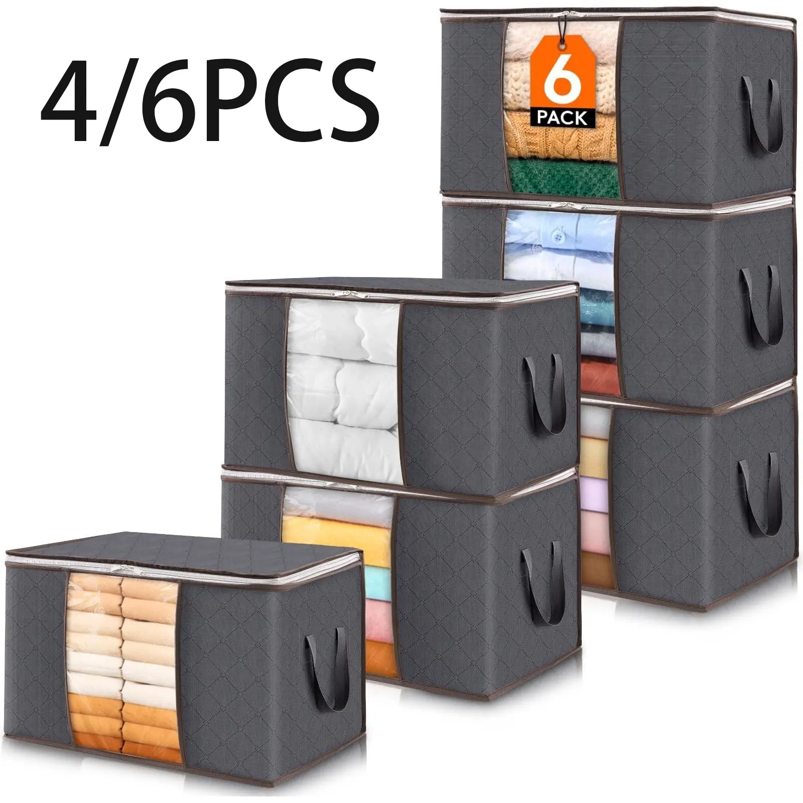 4/6 Piece Set 60L Storage Bag, Foldable Closet Organizer with Reinforced Handle, Non-Toxic Fabric Bag for Home Dorm Storage and Organization, Clothing Storage Bags, Wardrobe Storage Bags