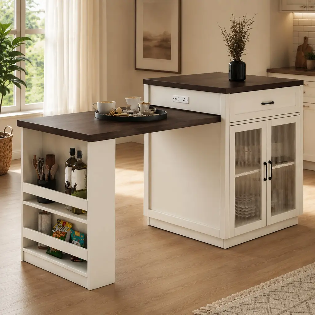 Extendable Creamy White MDF+Glass Kitchen Island with Slide-Out Table, Storage Racks, Power Outlet, Breakfast Bar, Workstation, 83.1" Seats 2-6, Indoor Home Furniture