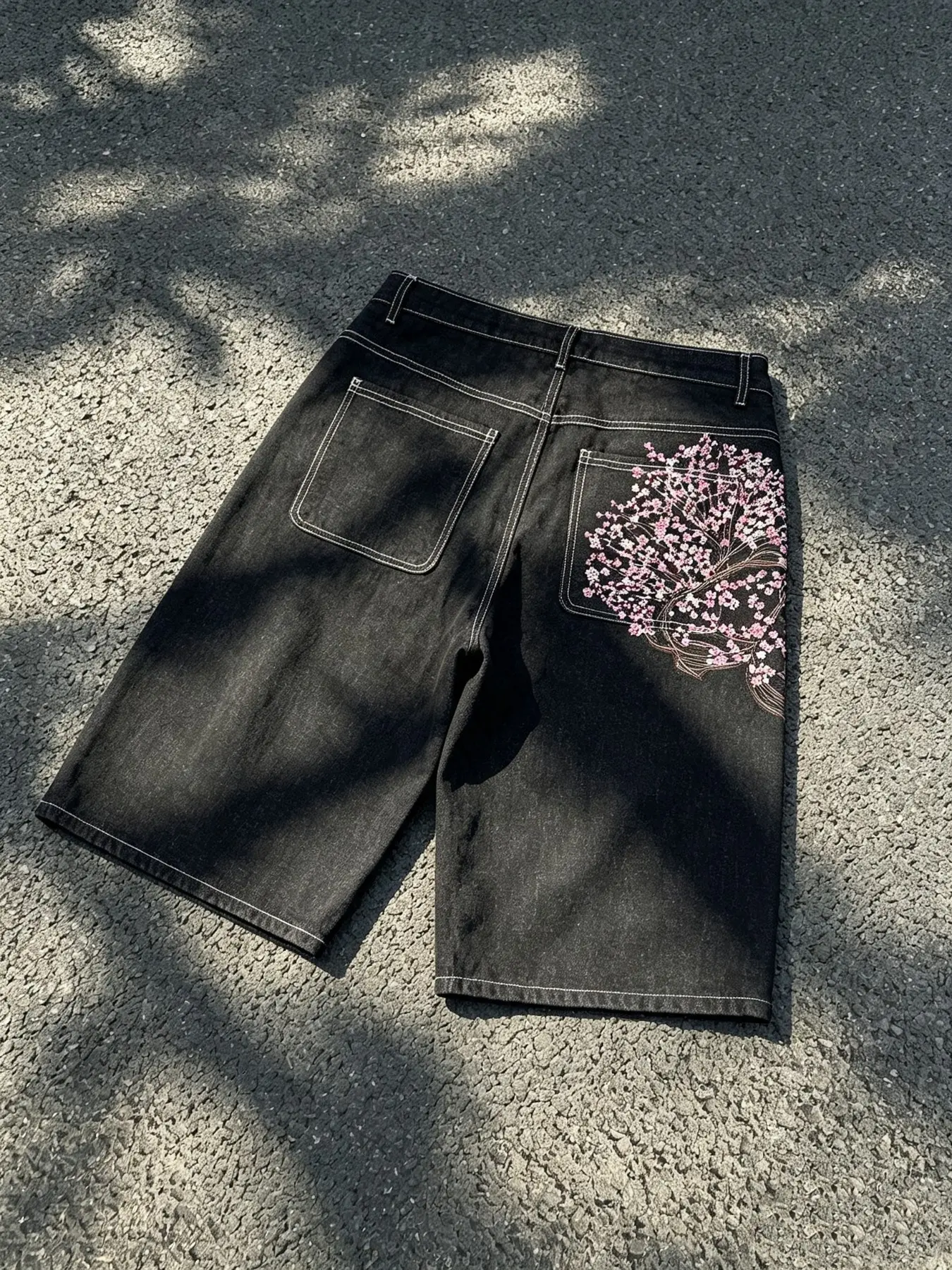 Men’s Baggy Denim Jorts, Sakura Cherry Blossom Tree Embroidery, Y2K Streetwear Loose Fit Denim Shorts, Trendy Casual Wear