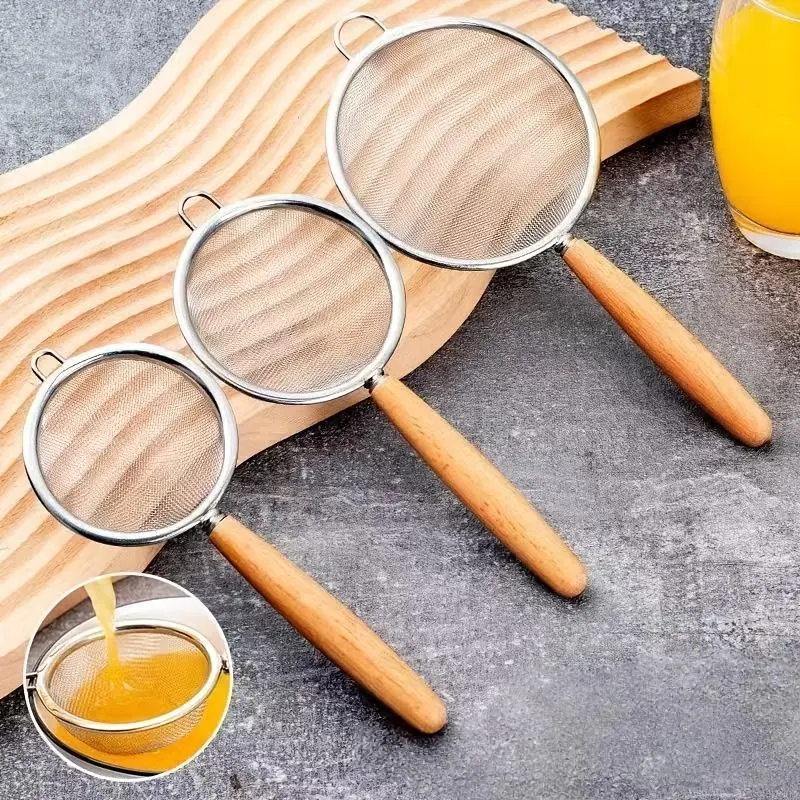304 Beech Wood Handle Stainless Steel Colander for Baking/Kitchen Sifting Flour/Fine Powder Colander Household Kitchen Soy Milk Filter Baking Tool