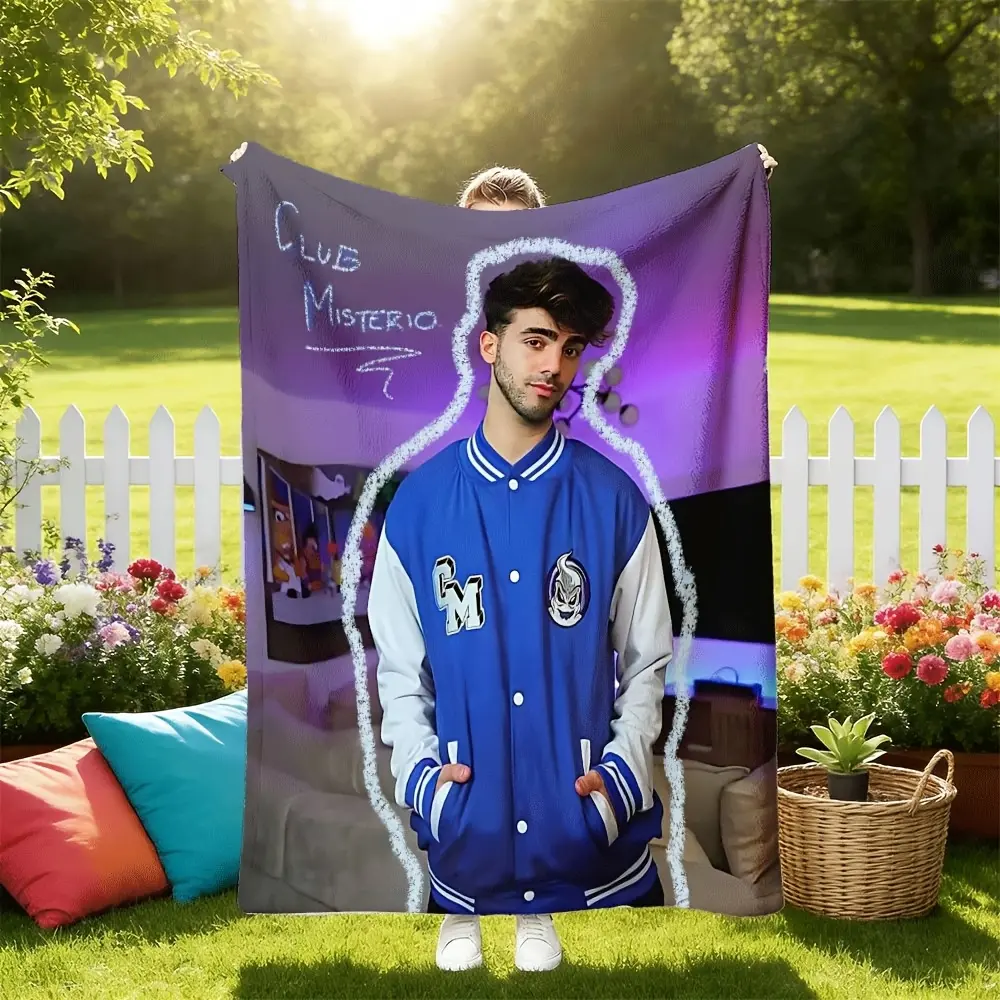 Club Misterio Trendy Creator Portrait Purple Neon Background Throw Blanket Soft Fluffy Flannel Fleece Warm Sofa Bed Blanket Blue Varsity Jacket White Glow Outline Teen Latino Influencer Bedroom Decor Fan Gift