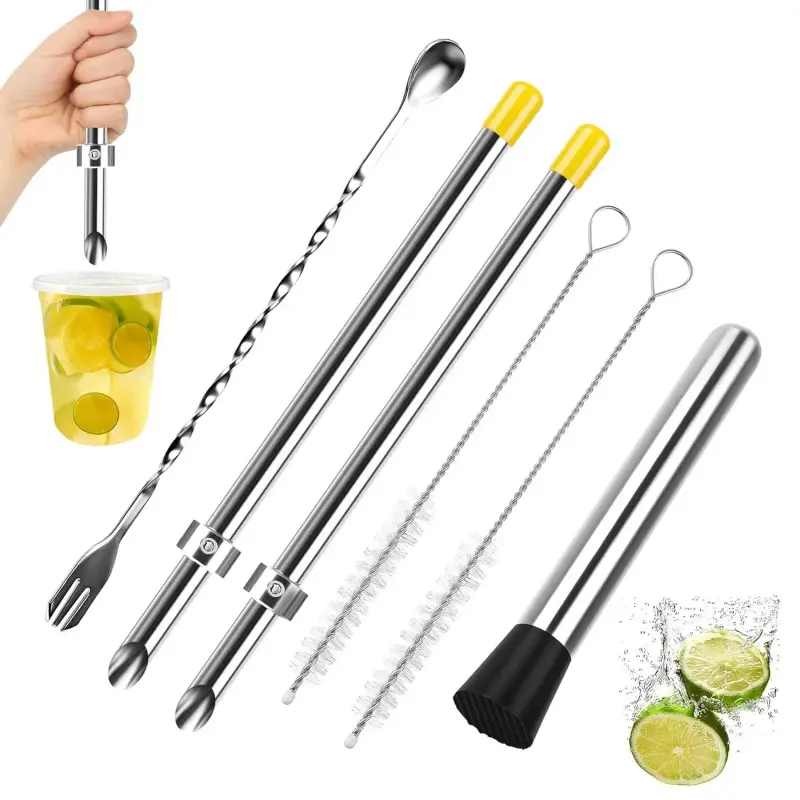 6-Piece Professional Lemonade Stand Kit,Includes 2pcs 316 stainless streel Straw Punchers for Plastic Lids,Stainless Steel Muddler,Mixing Spoon and 2 Straw Cleaning Brushes for Lemonade Preparation