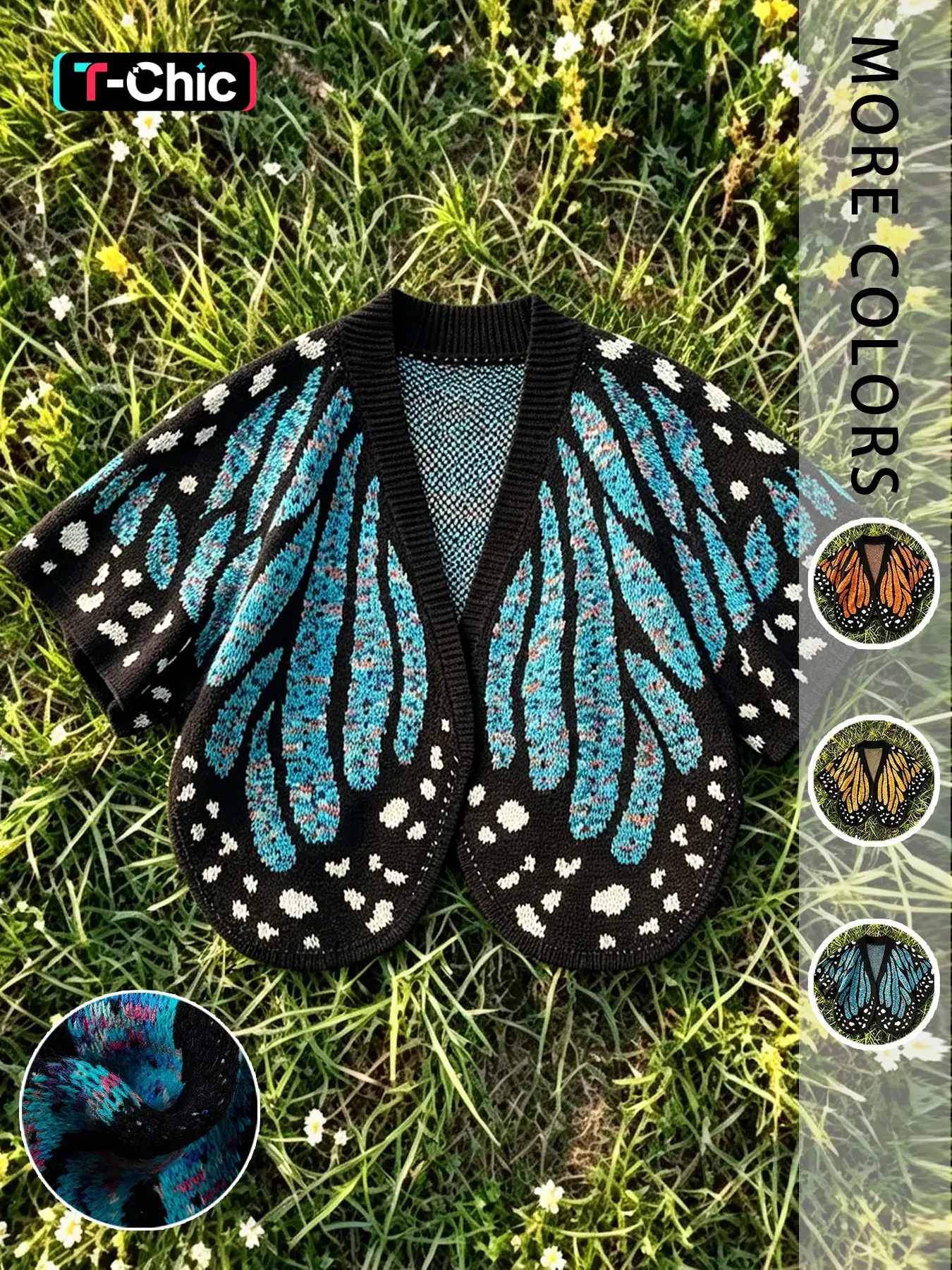 Women's Boho Style Butterfly Print Open Front Short Knit Cardigan, Casual Batwing Sleeve Knit Outerwear for Fall, Fashionable Knitwear for Women