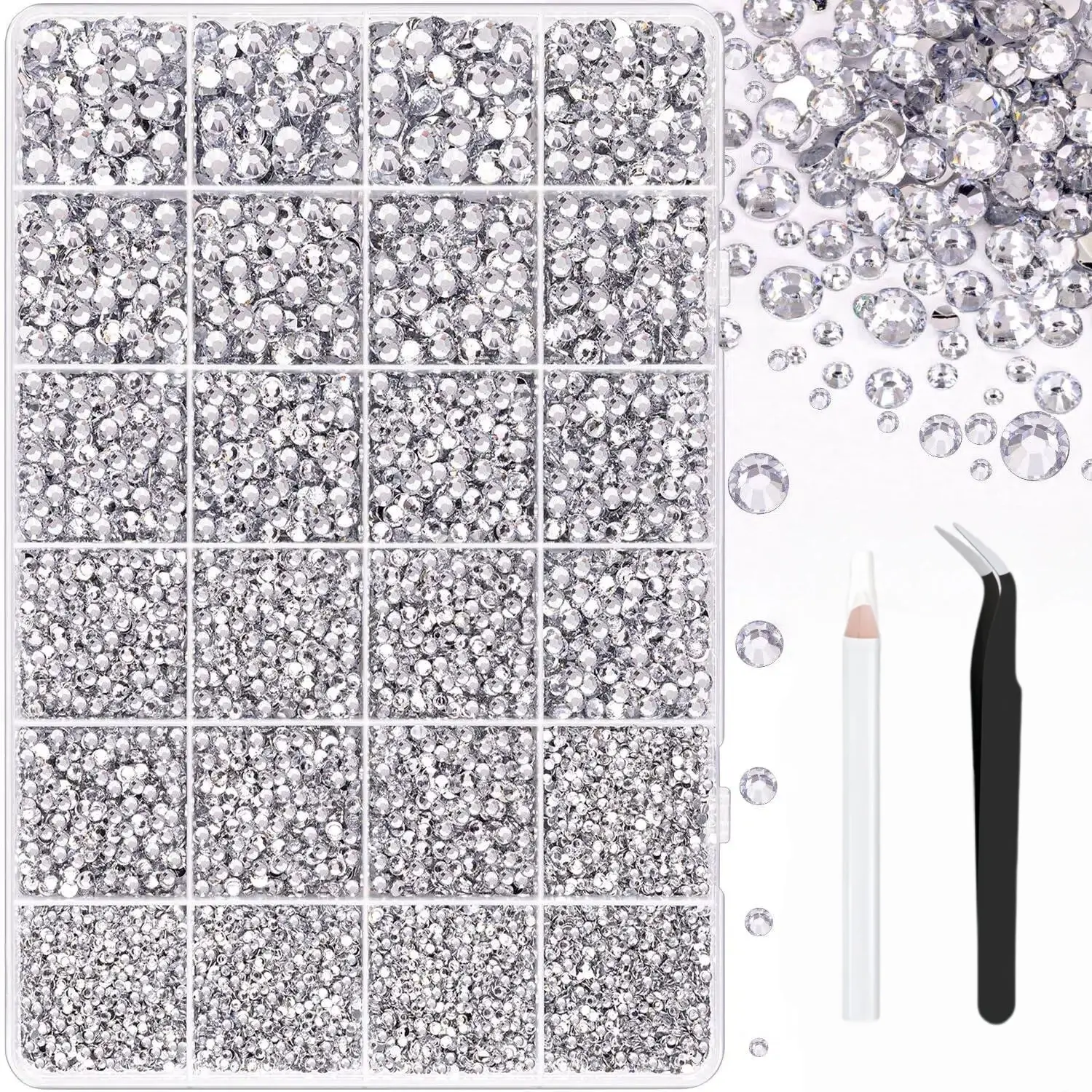 32000Pcs Resin Rhinestones for Bedazzling, Silver Clear Flatback Gems for Diamond Art, Crystal Bedazzler Kit with Tools for Nail Art Crafting Clothing Book Makeup, Nail Art Accessories