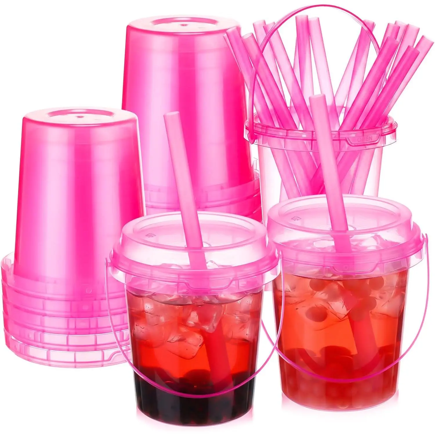 15 Set 24 oz Drink Buckets with  and Straws Disposable Clear Rum Plastic Drinking  Bucket with Handles for Beverage Coffee Lemonade Pool Picnic Party Supplies (Hot )