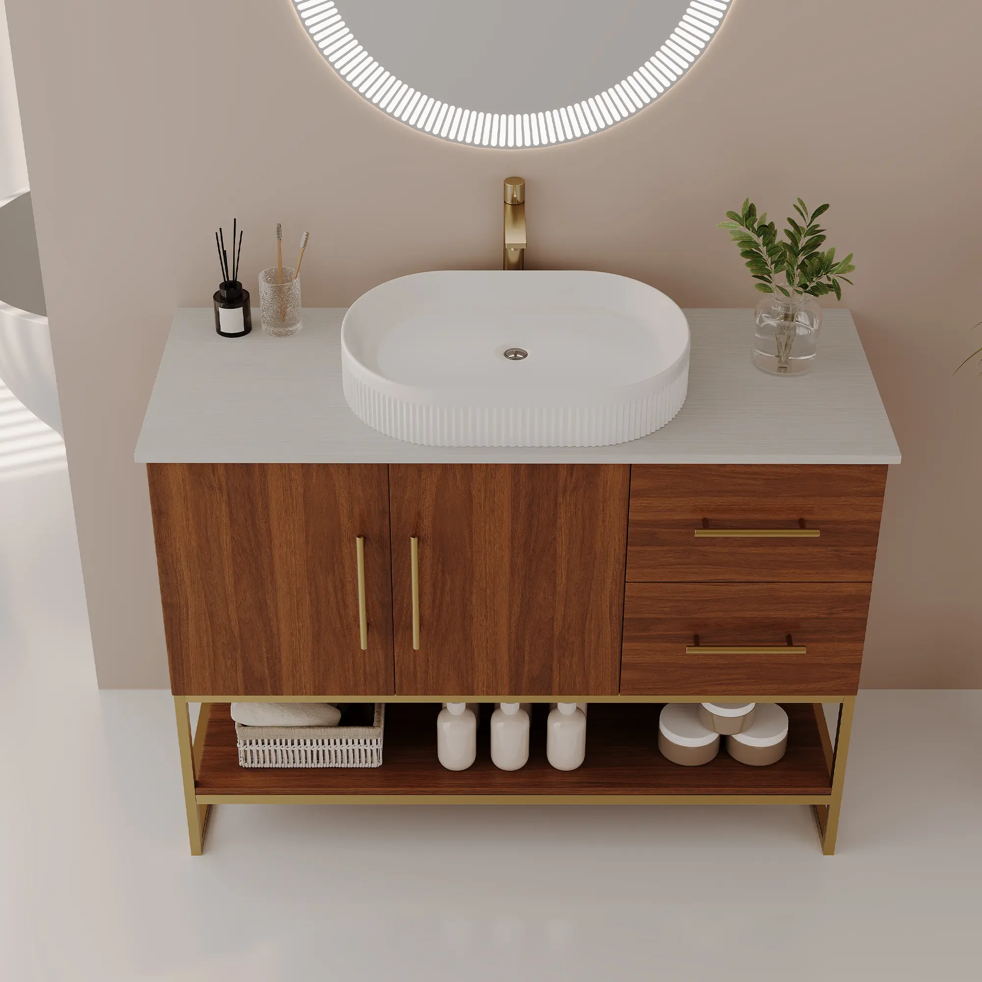 Nokaa 36" Modern Bathroom Vanity with Ceramic Vessel Sink, Gold Stainless Steel Frame, Solid Wood Construction, Water-Resistant, Freestanding Storage Cabinet with Drawers and Shelf, Multiple Color Options
