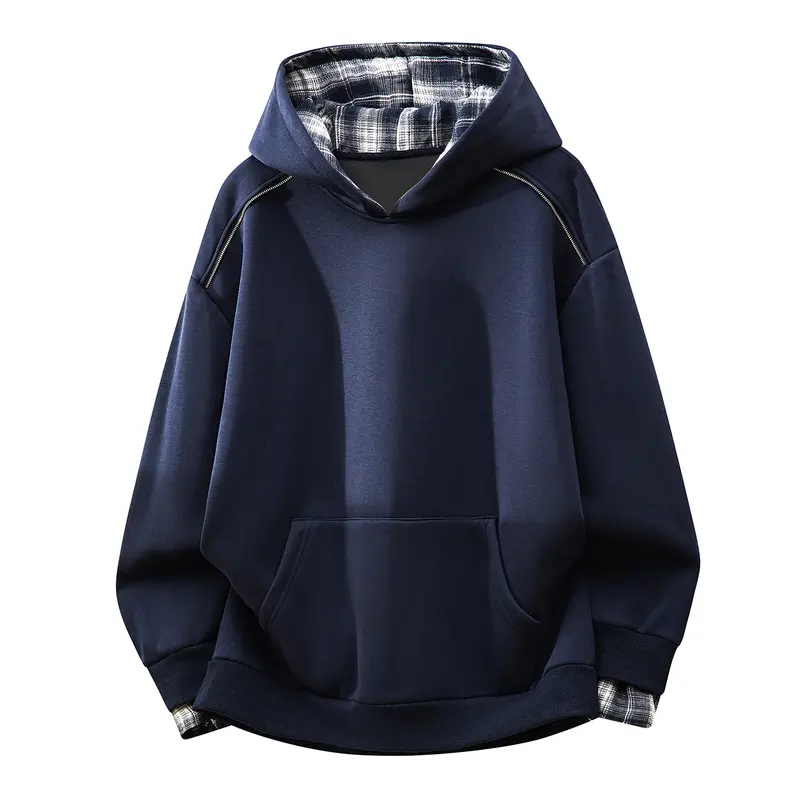 Men's Casual Hooded Sweatshirt, Cotton Blend Pullover with Long Raglan Sleeves, Plaid Lined Hood, and Kangaroo Pocket, Menswear, Long Sleeve, Raglan Stitch, Machine Wash, Pullover Hoodie, Top, Ribbed, Soft