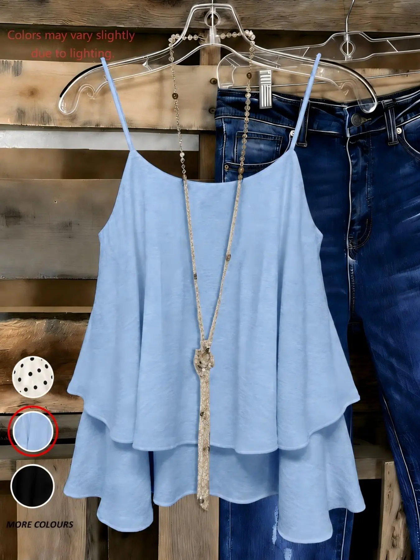 Women's Thin Strap Halter Top, U-Neck Double Layer Ruffle Flowy Loose Sleeveless Shirt, Soft Casual Daily Layering Top
