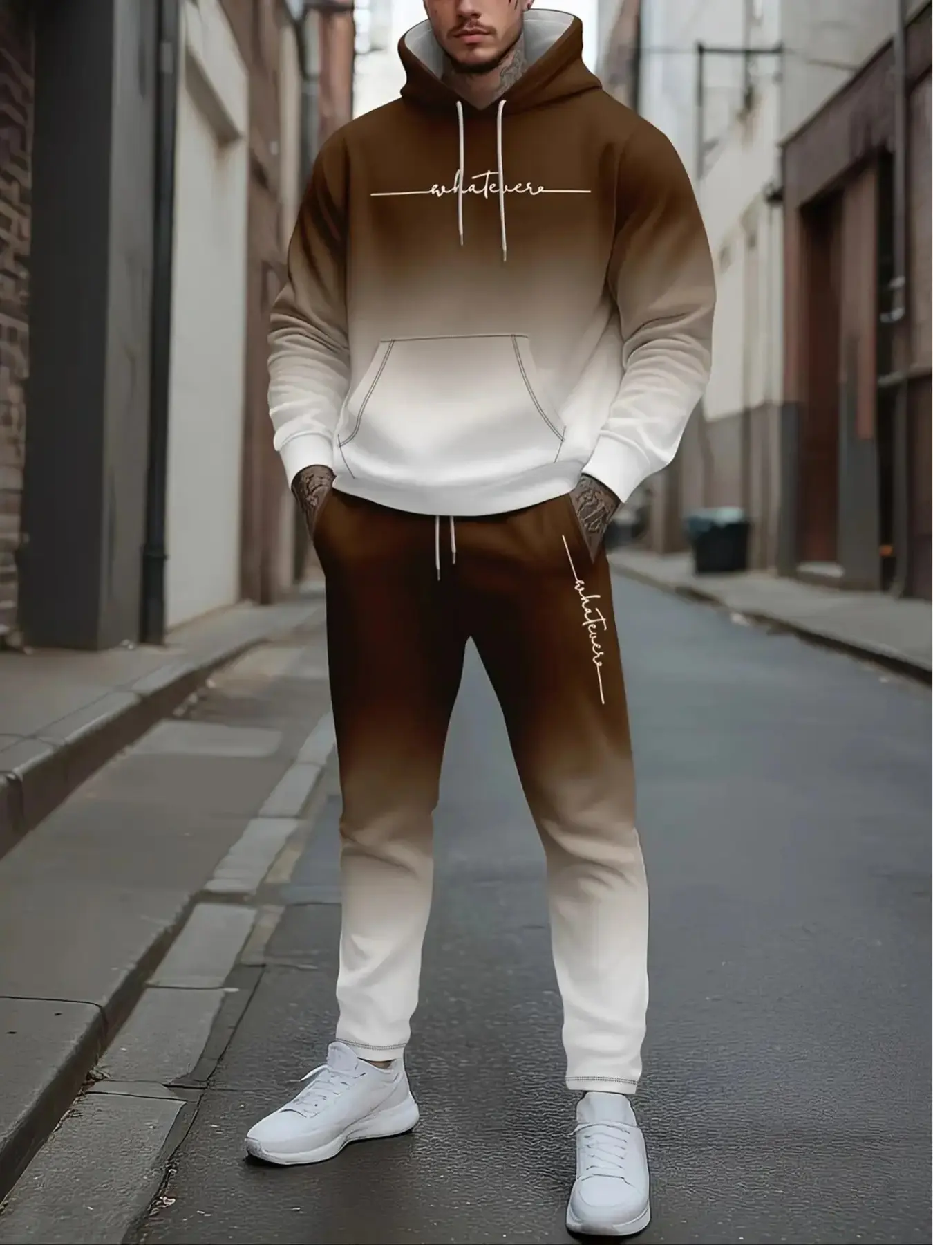 Gradient Color Hooded Sweatshirt Set, Women's Casual Sport Two-Piece, Fashion Letter Print, Couple Loose Fit Sweatpants Jacket