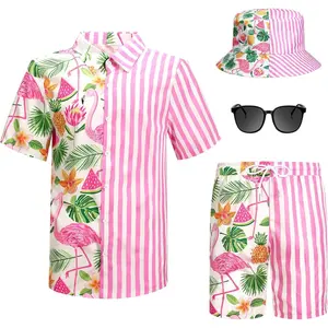 Harloon 4 Pcs Mens Hawaiian Shirt and Short Set Summer Beach Outfit Flamingo Print Tropical Suit with Bucket Hat Sunglasses