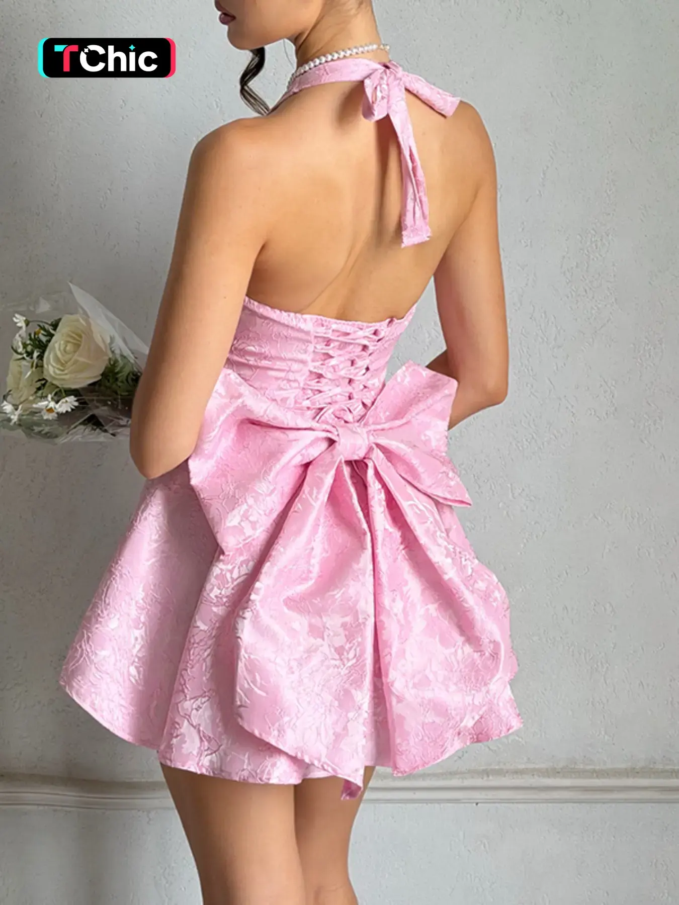 Elegant Sexy Cute Aesthetics Jacquard Knit Halter Neck Butterfly Knot Womenswear Dress, Slim-Fitting Summer Fashion, Thin Fabric, Perfect for Parties & Events, Elegance