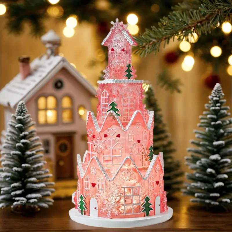 12 Inch LED Light Gingerbread House Decoration, Creative Transparent Resin Christmas Table Ornament, Festive Atmosphere Statue with LED Lights