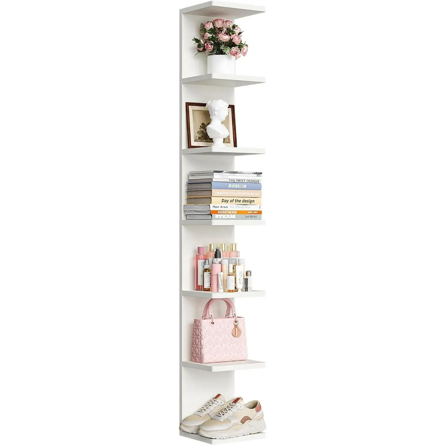 7-Tier Floating Wall Shelf, White Wall Mounted Display and Storage Shelf, Decorative Shelves for Bedroom, Living Room, Bathroom, and Office