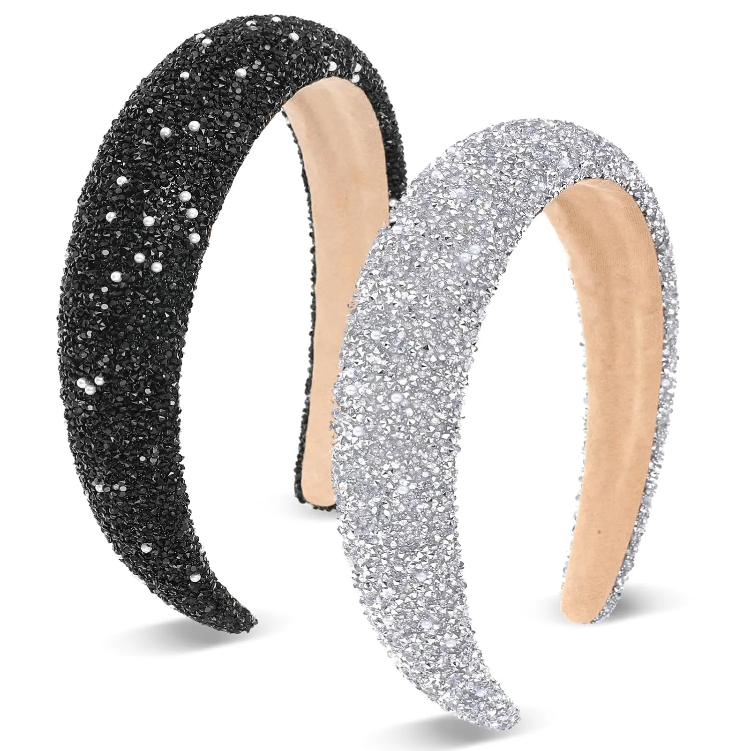 Women's 2PCS Thick Padded Rhinestone Headbands - Glitter Pearl Crystal Bling Hair Accessories for Female Glamorous Hairstyling, Bling Crystal, Party Wear, Glitter Pearls