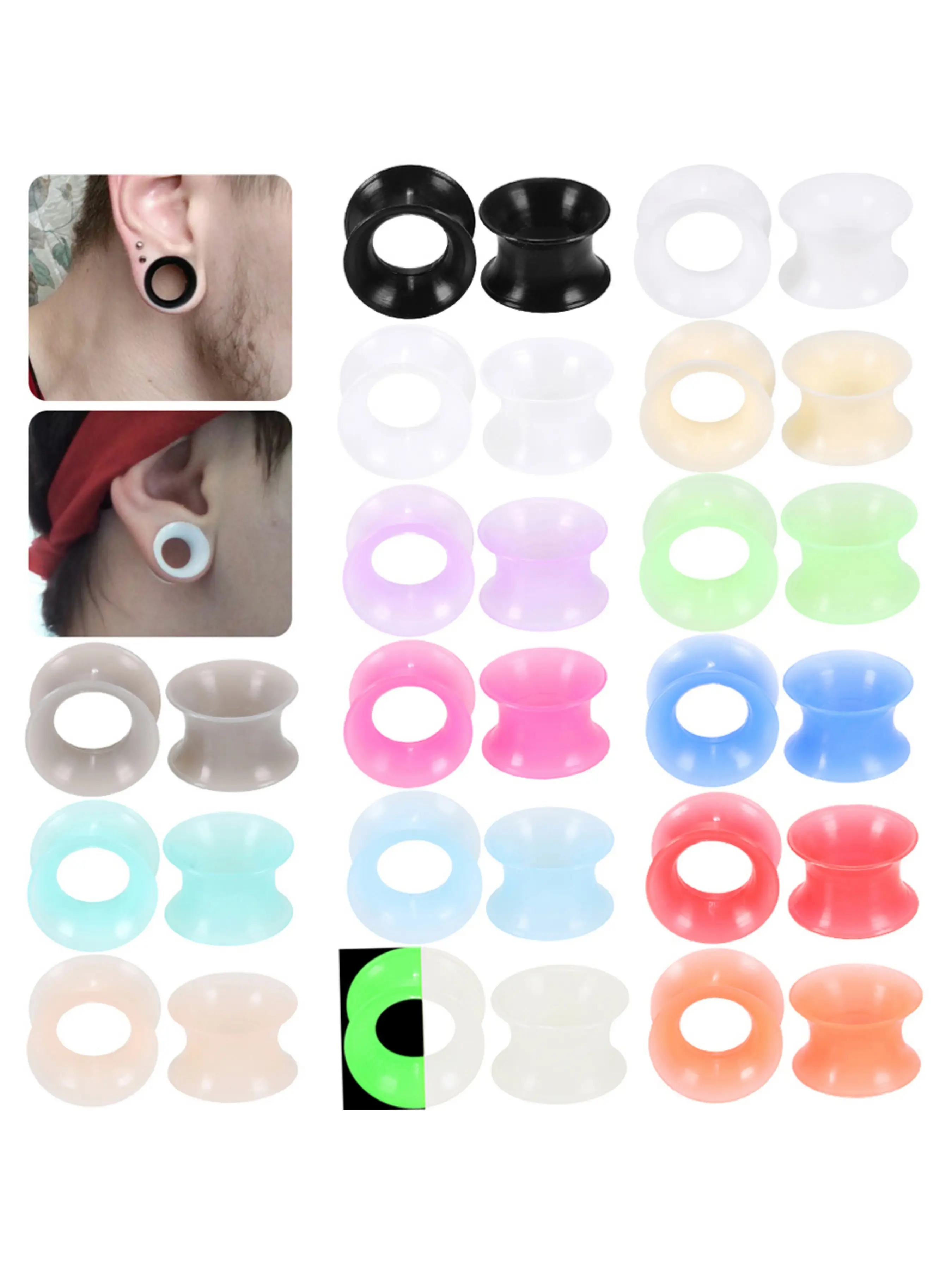 1Pair 3-25mm Silicone Flexible Thin Ear Plugs Tunnel Ear Stretching Earring Stretchers 12 Colors Double Flared Expander Piercing Jewelry Silicone Earring Expander