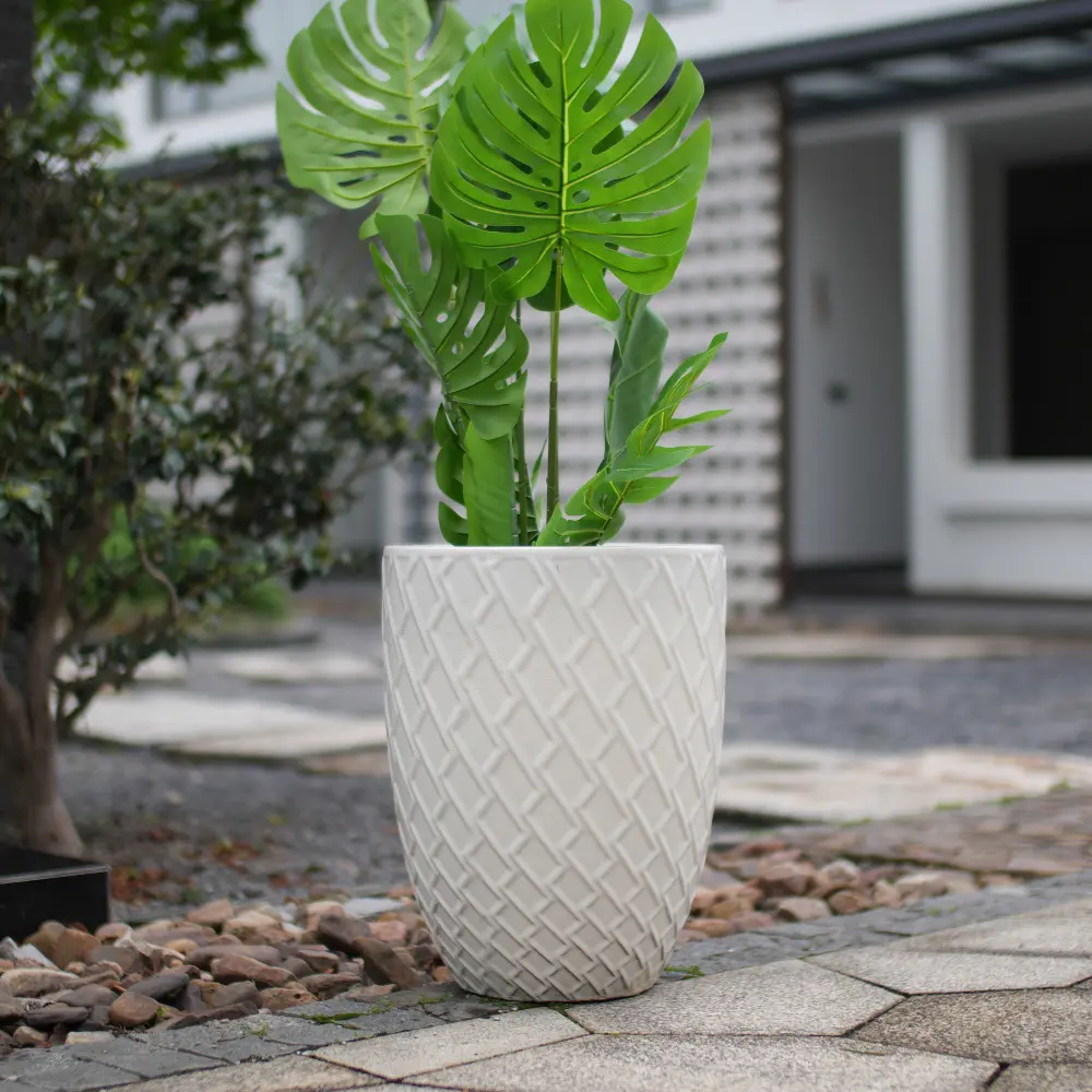Littleox Handmade Breathable Clay Ceramic Planter Pot, 17in Diameter, 1-Piece Cream White with Diamond Pattern, for Monstera Deliciosa & Fiddle Leaf Fig, Indoor/Outdoor Doorway Use, One-Piece