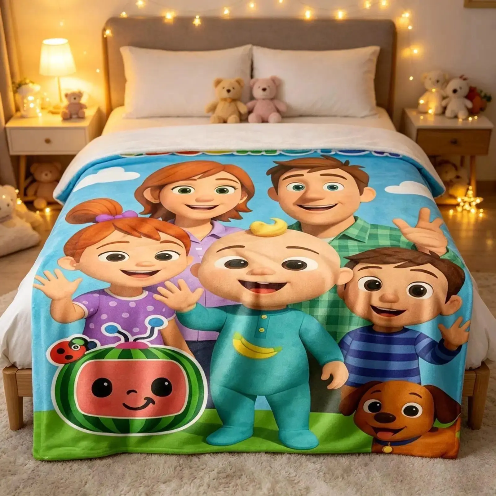 Cocomelon Cute Cartoon Mascot Flannel Throw Blankets, Soft Warm Lightweight Cooling Blankets All Season Quince Bedding, Cozy Portable Decor Blankets for Bedroom Travel Naps, Birthday Gift for Kids & Adults