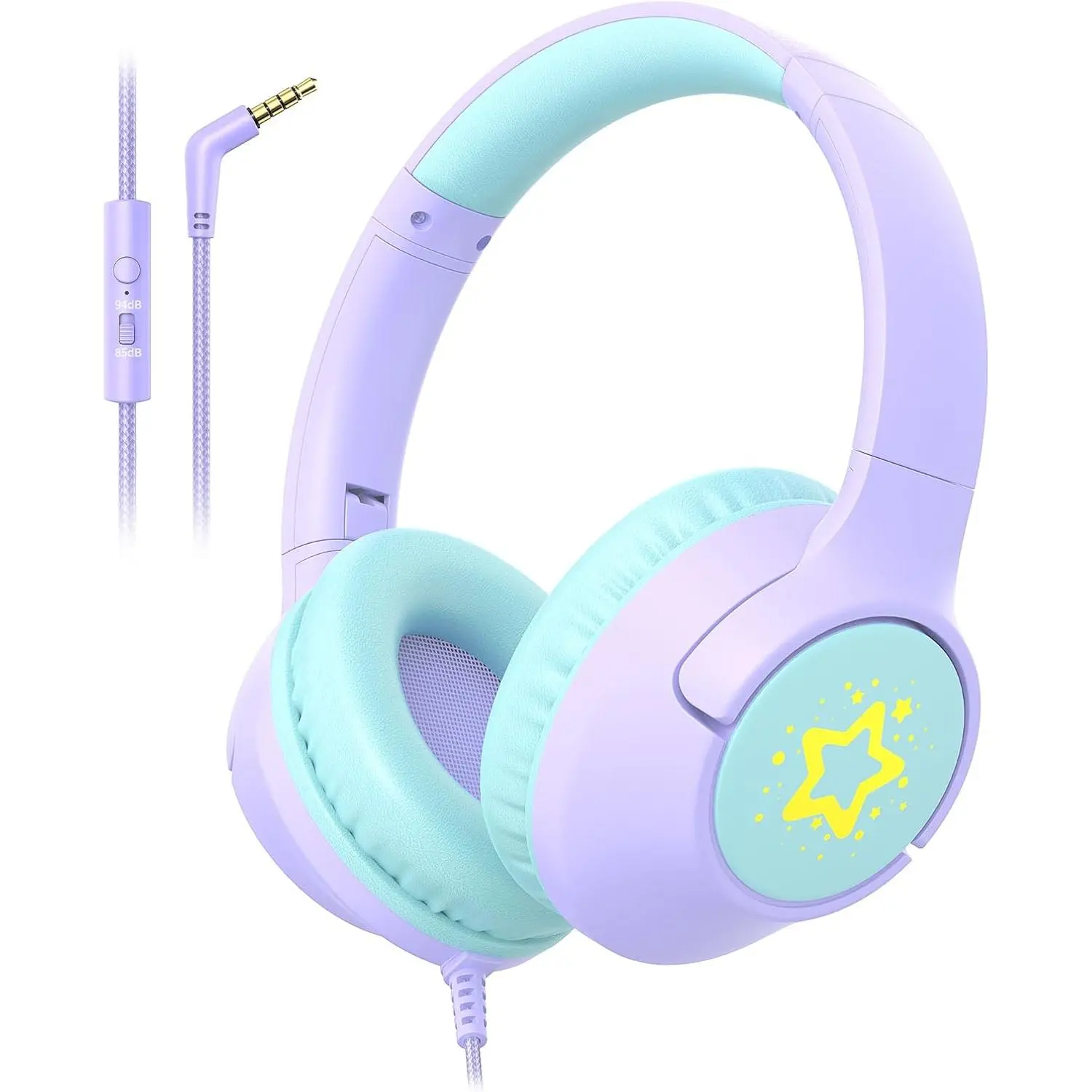 Kids Wired Headphones for School, 85/94 dB Volume Limit, Wired Over Ear Headphones for Girls Kids with Microphone, Foldable Stereo 3.5mm Wire Cord for Kindle Tablet Airplane Travel, Purple