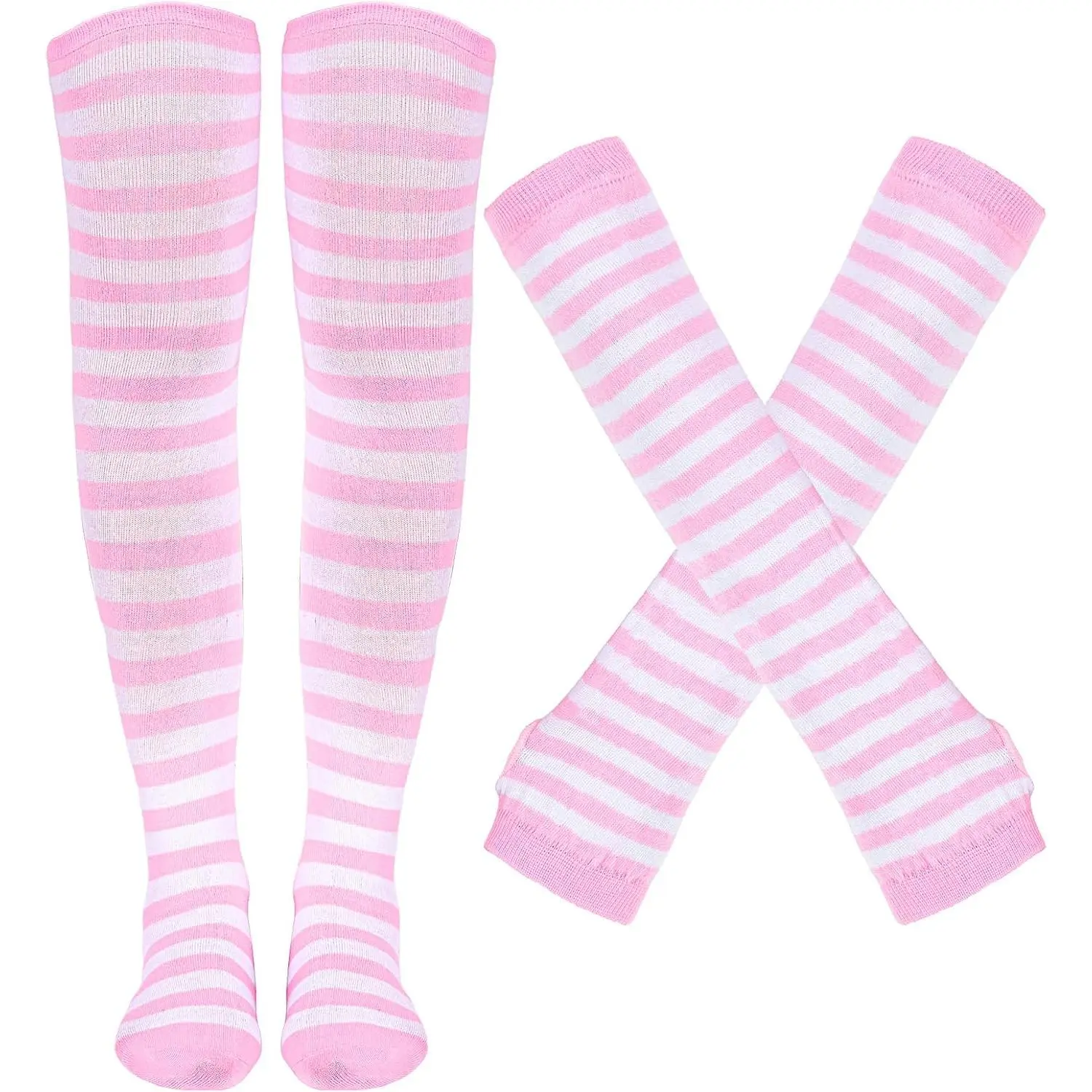 Tongcloud Women's Striped Knee High Socks, Over Knee Thigh High Socks, Arm Warmer and Fingerless Gloves Set
