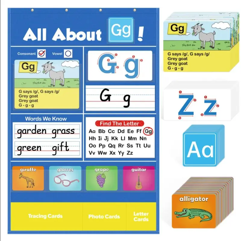 1 Set Alphabet Learning Pocket Chart with ABC Flash Cards, Alphabet Wall Chart, Letter Tracing & Handwriting Practice, Educational Learning Activities for Preschool, Kindergarten & Homeschool