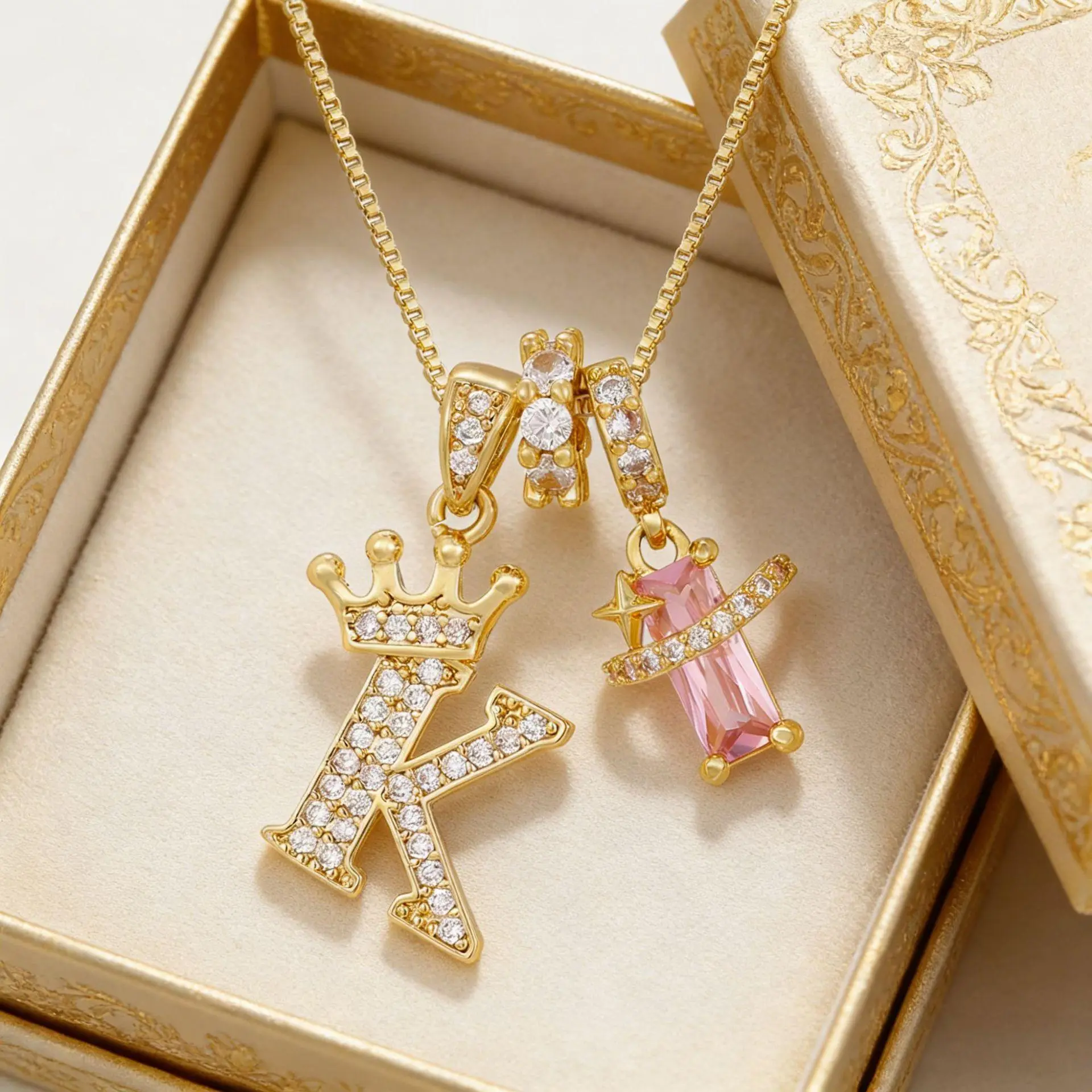 14K Gold Plated A-Z Letters Necklace Cross Initial Rectangle Pendant, Luxurious Pink Rectangle Shiny Cubic Zirconia Pendant Alphabet Name Jewelry Holiday Gift Party Birthday Wedding Engagement Anniversary Jewelry