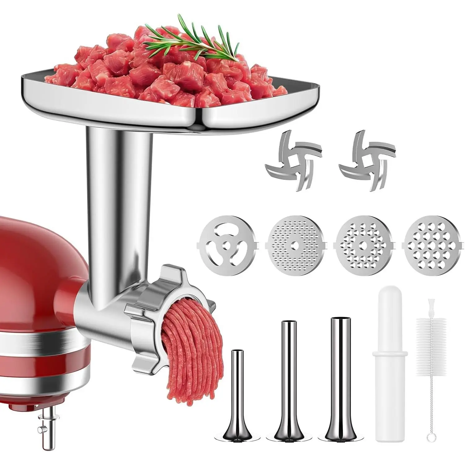 Meat Grinder Attachment for KitchenAid Stand Mixer, Metal Food Grinder Includes 4 Grinding Plates, 3 Sausage Stuffer Tubes and 2 Cutting Blades
