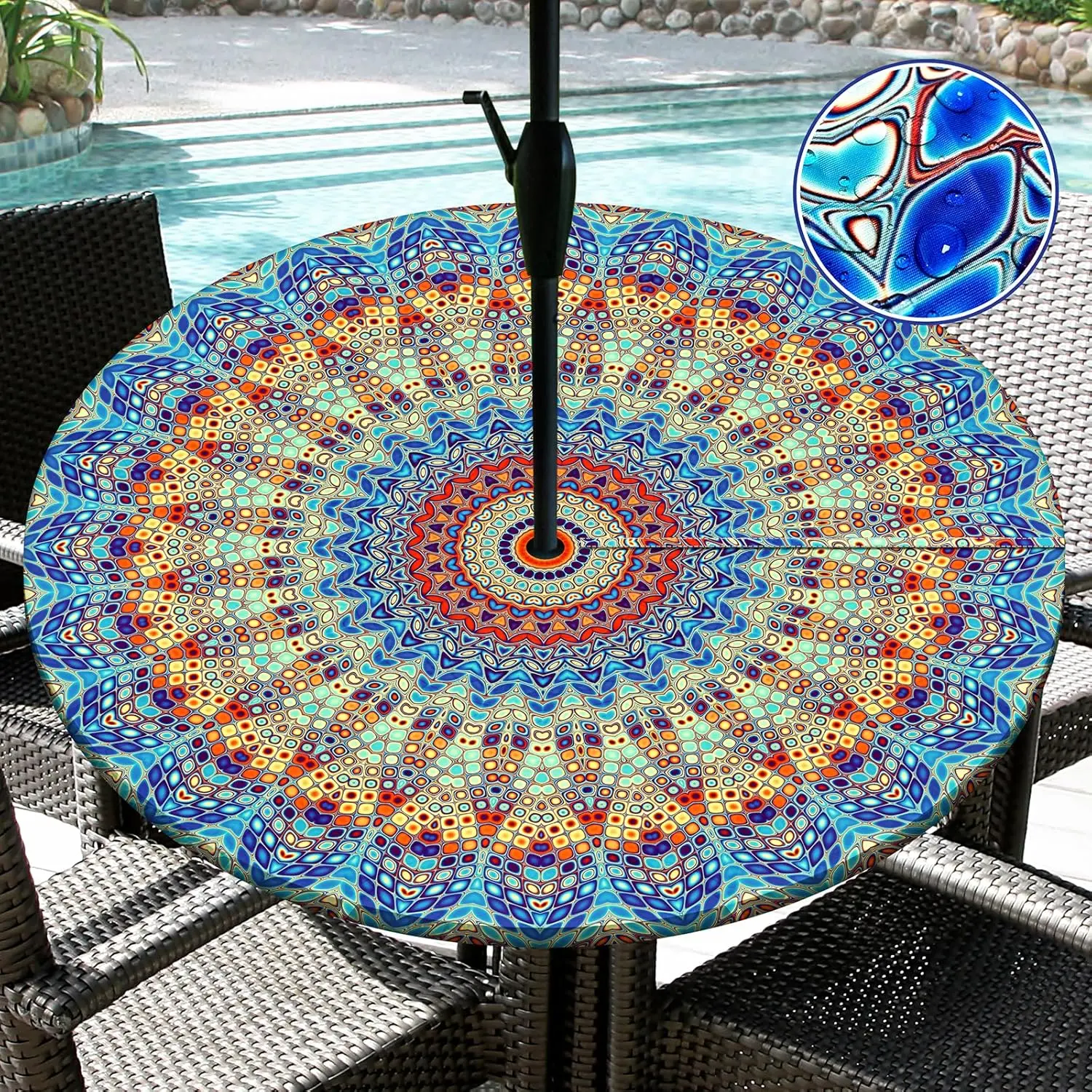 Round Outdoor Fitted Tablecloth with Umbrella Hole, Elastic Band, Waterproof Zippered Design - Wipe Clean Patio Table Cover for Picnic, Garden