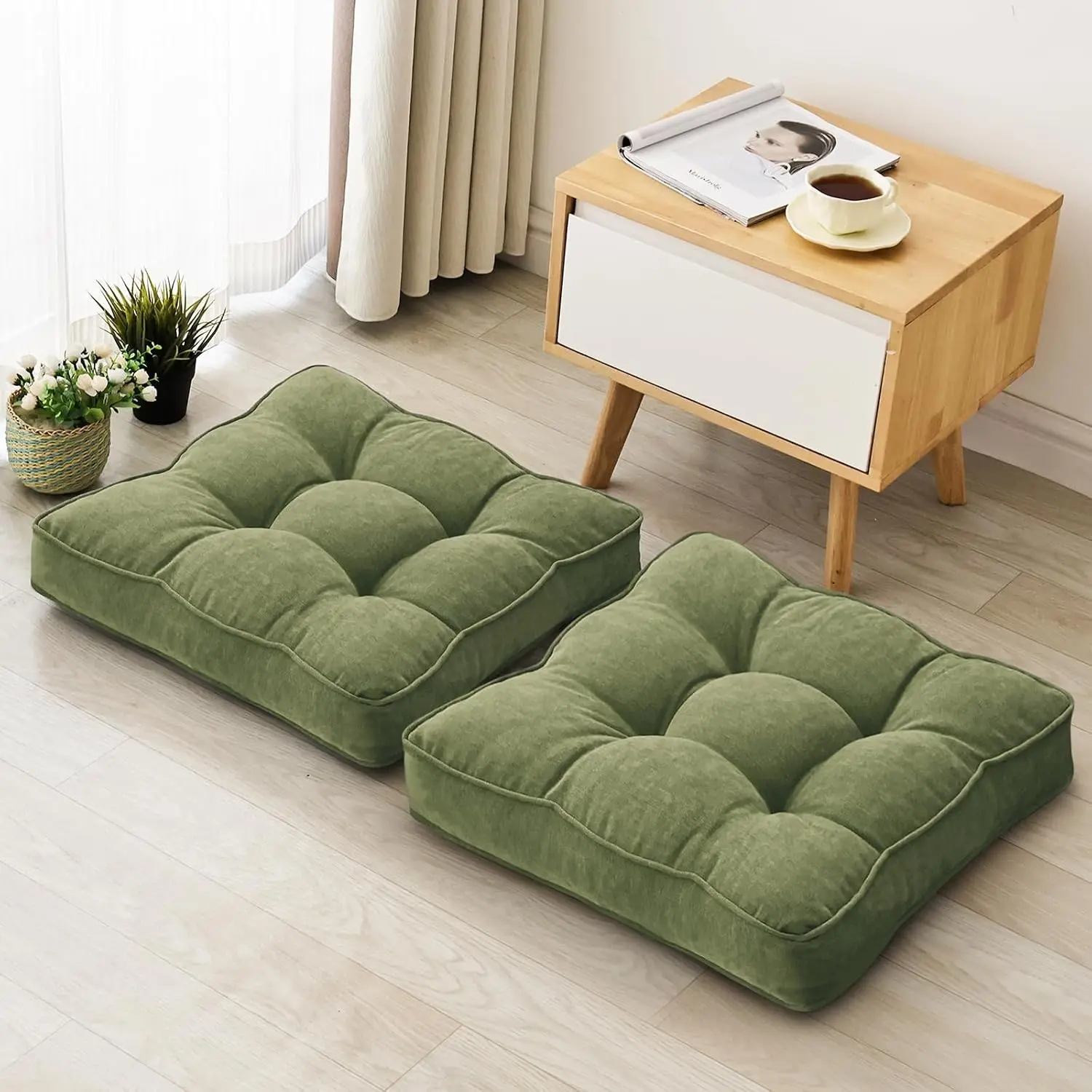 1 Floor Pillow Set of 2, Memory Foam Floor Cushions for Adults, Large Meditation Pillow for Sitting, 22 x 22 Inches (Square | Green)