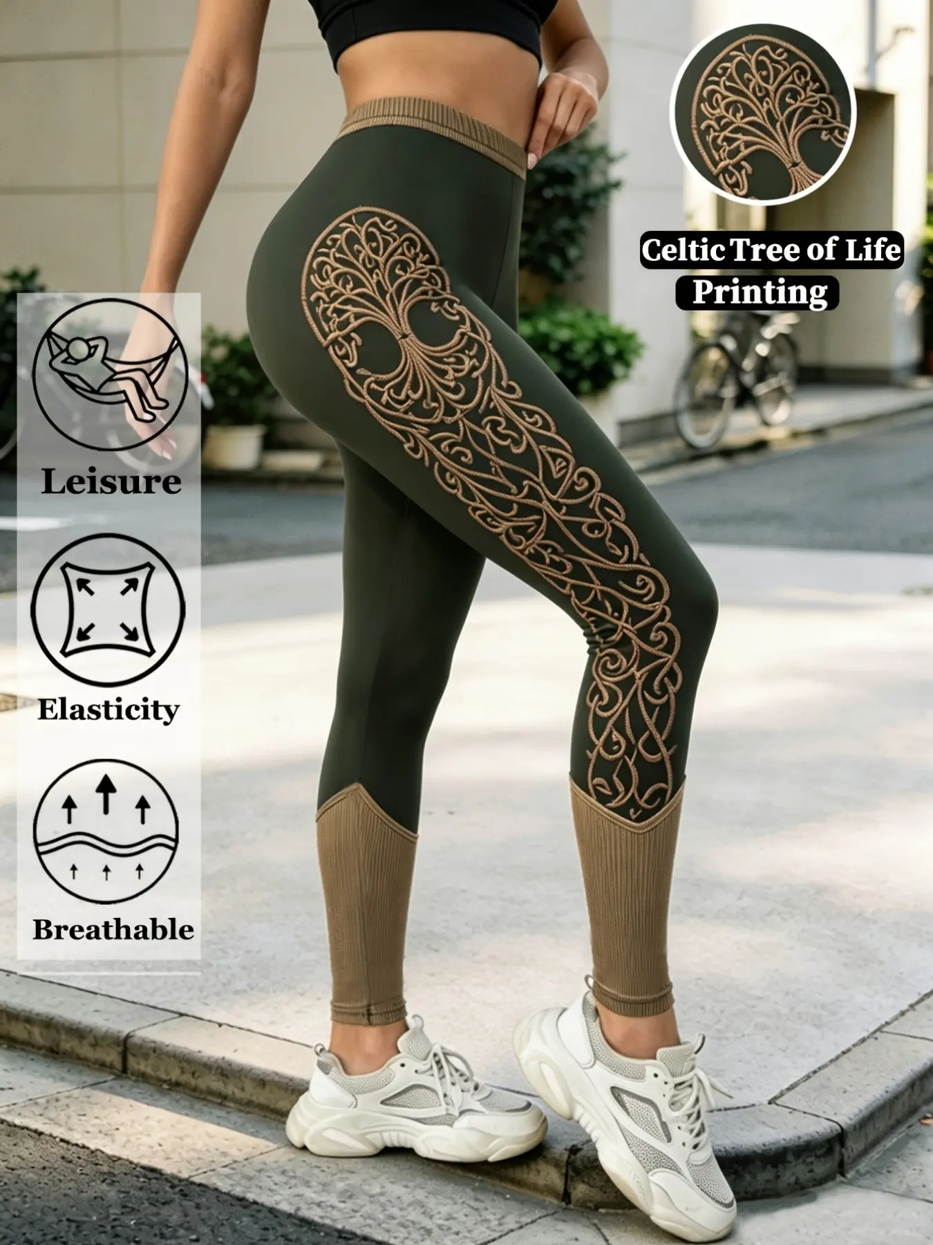 Autumn Women Celtic Tree Of Life Print Design Polyester Leggings Retro Fashion Cropped Pants High Stretch Soft Comfortable Durable Unique Trendy Sexy Perfect Travel Vacations Outdoor Hiking Camping Leisure Commuting Dates Parties Versatile Tights Trousers