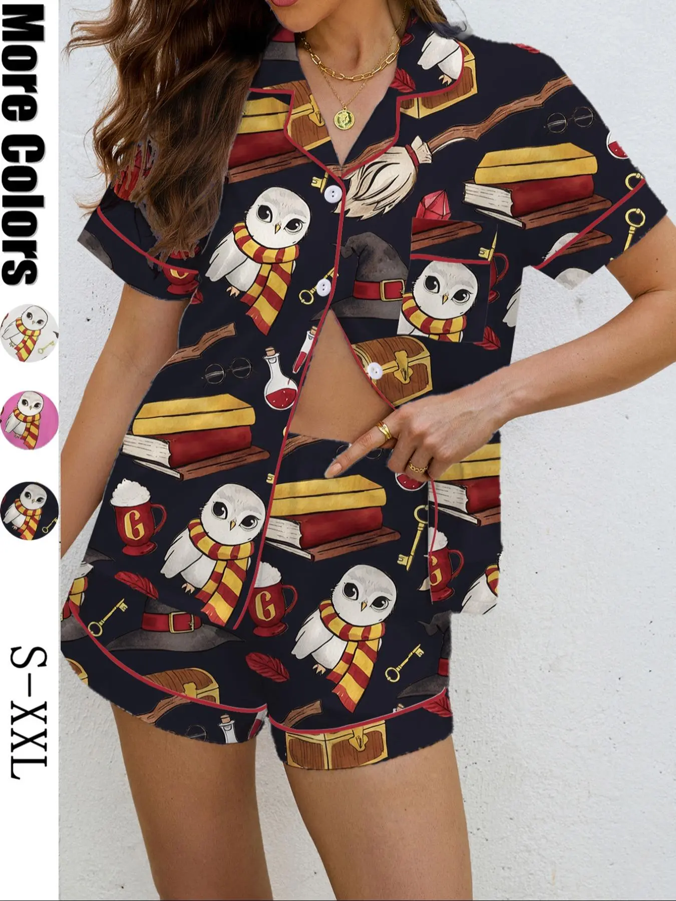 Women's Owl Broom Magic Print Pajama Set, Casual Loose-Fit Fashion Sleepwear Loungewear, Lounge Pajama Style, Soft Shirt Collar Top & Elastic Shorts, All-Over Print Design Pjs Collared, Pajama Nightwear, Loungewear Shorts Sets