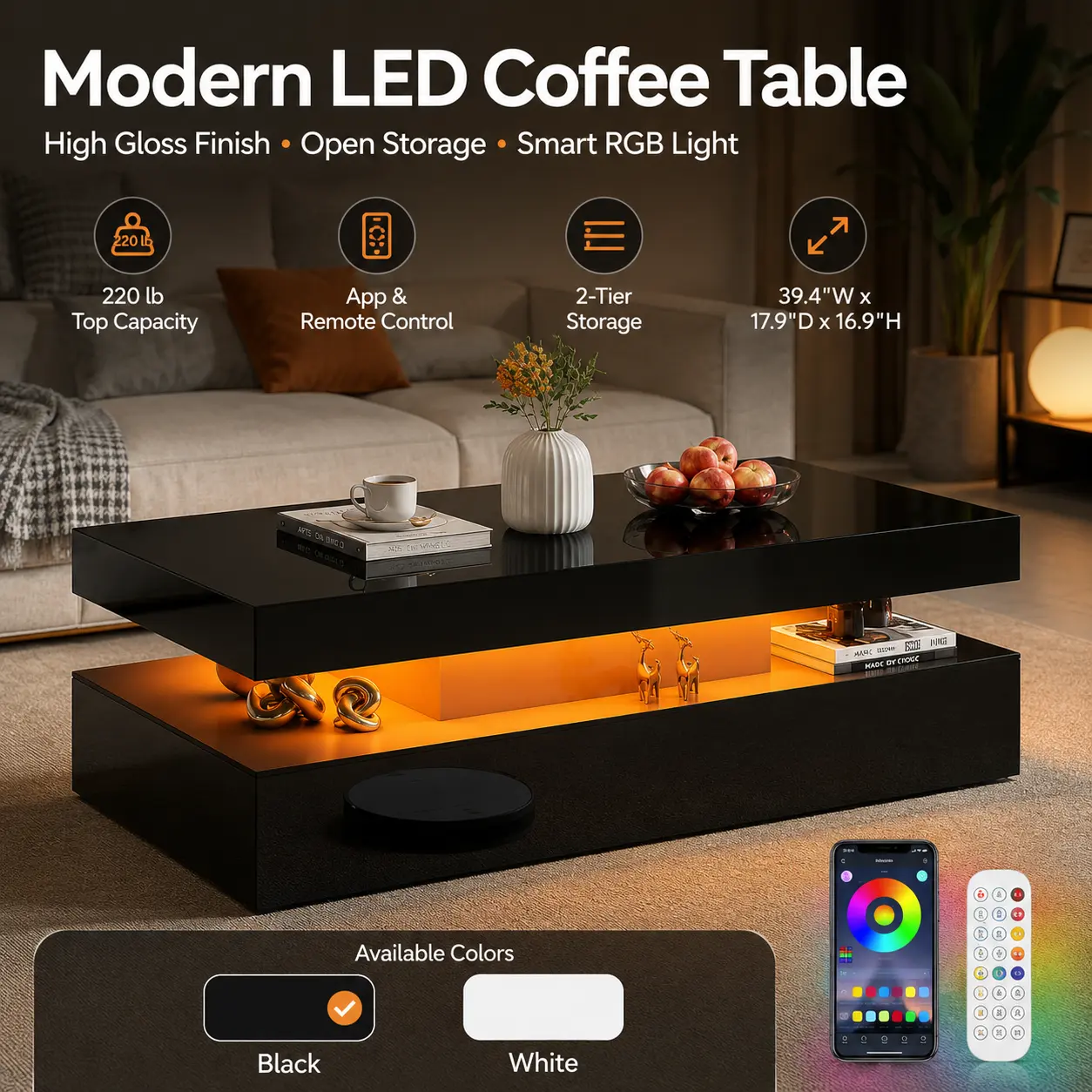 Coffee Table With LED Light, Modern High Gloss Finish Center Table With 2-Tier Storage Space, Minimalist Coffee Table For Living Room