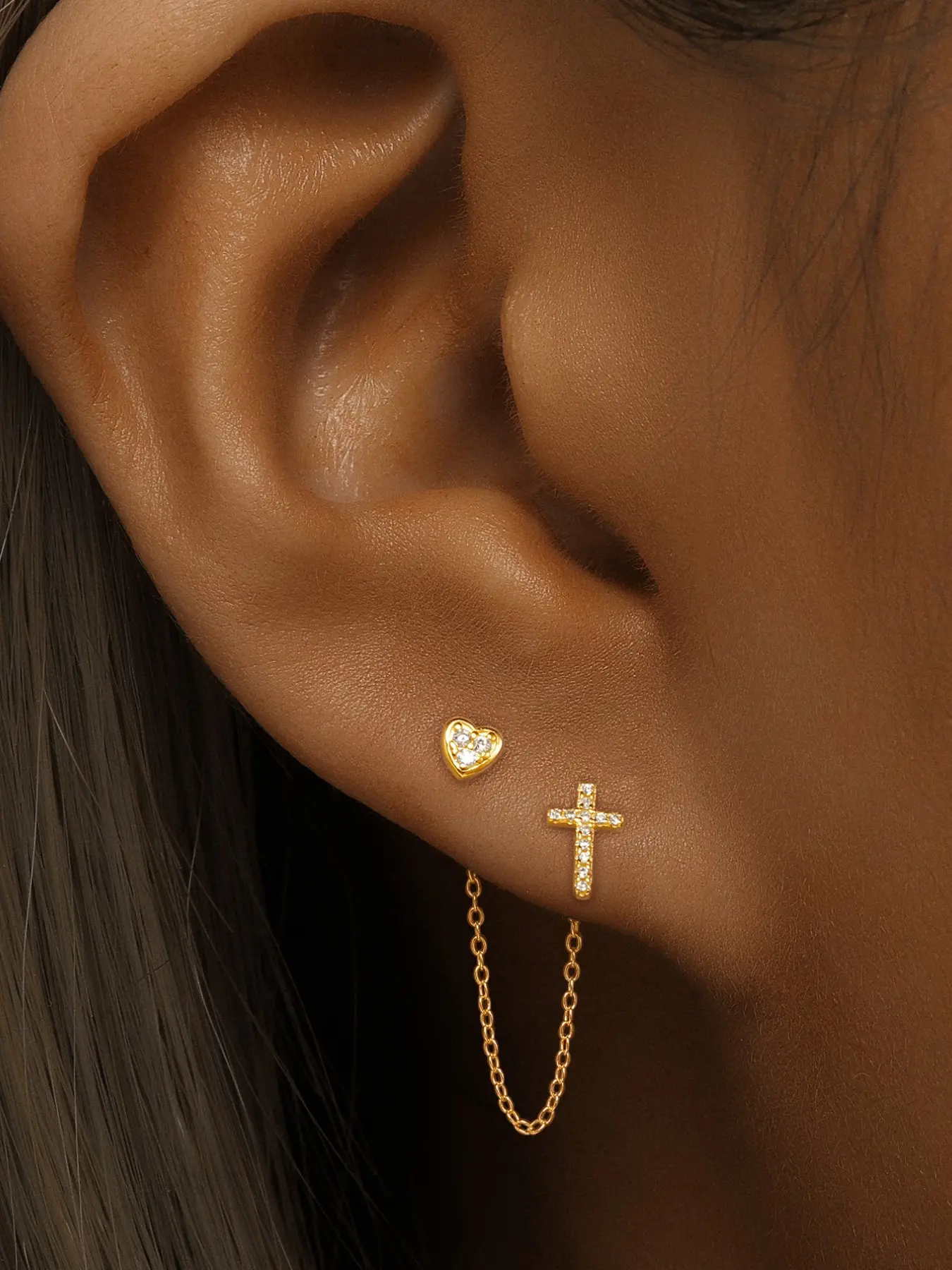 Cute Heart Cross CZ Double Piercing Small Stud Chain S925 Sterling Silver Cuff Wrap Earrings for Women Cartilage Two Holes Fashion Crystal Heart Love Crawler Threader Tassel Hypoallergenic Gifts for Christmas Her Daughter