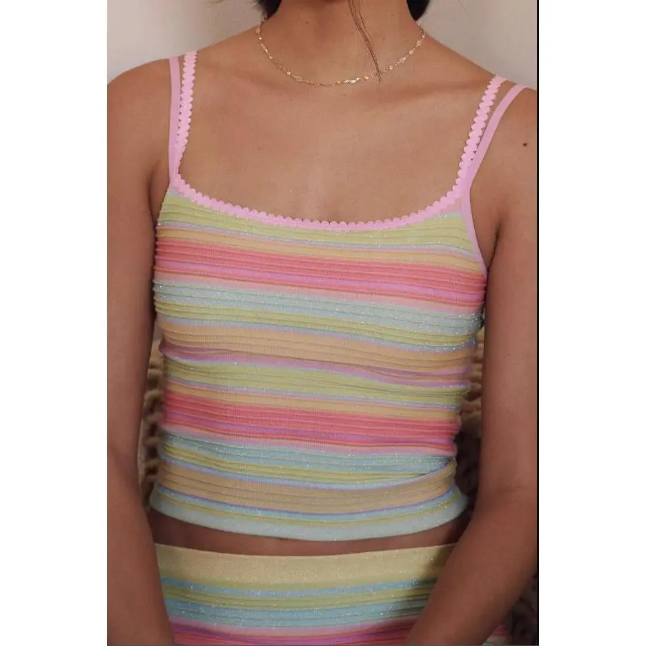 Women's Sleeveless Knitted Colourful Striped Camisole - Lightweight Fabric, Feminine Design for Day Wear