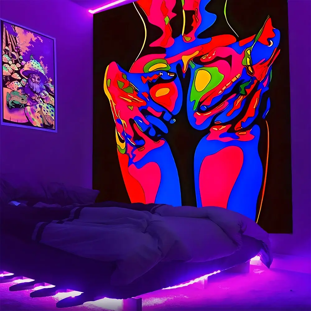 UV Fluorescent Sexy Abstract Human Body Decorative Tapestry Wall Decor Trippy Neon Psychedelic Fluid Art Hemmed Edges Washable Fabric Large Size Multiple Sizes Optional For Game Players Office Workers Stylish Home Decor E-sports Room Tapestry Wall Hanging