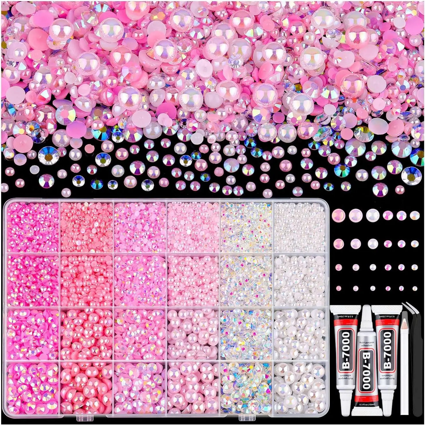 14000PCS Flatback Pearls and Pink Rhinestones for Bedazzling Kit with Glues |   Pink White 3-10mm Resin Rhinestones Gems and Half Pearls for Crafting, Nail Art and Grad Cap Decor with B7000 Jewelry Glue