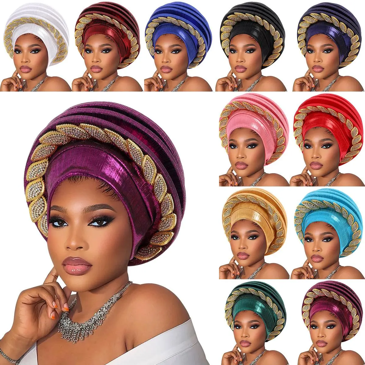 Women's African Spiral Turban Hat - Pre-Tied Metallic Fabric Head Wrap with Rhinestone Leaf Decor, Auto Gele Headwear for Wedding, 56cm/58cm Multiple Colors Fashion Cap, Metallic Finish, Synthetic, Polyester, Daily, Striped
