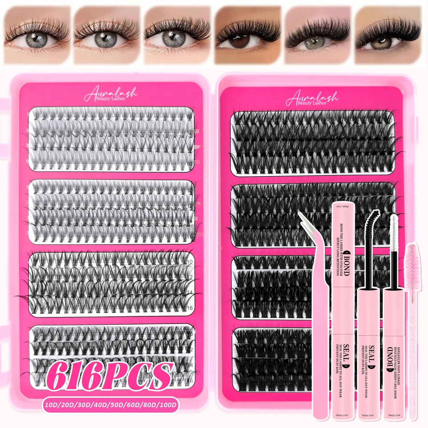 DIY False Eyelash Set, 616pcs, 10D-100D Density, D Shape, Soft & Fluffy, Reusable, Perfect for Daily Use & Events, Easy to Apply